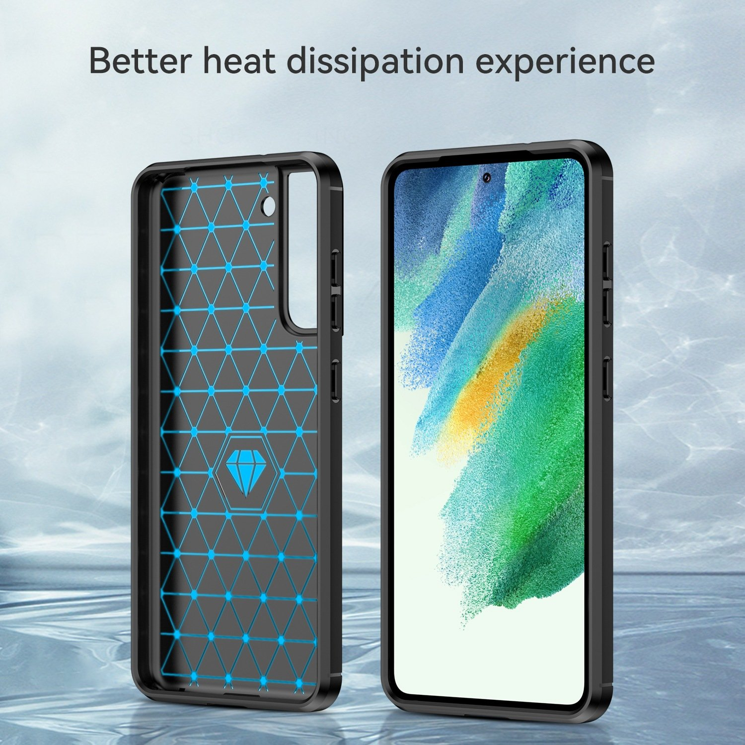 Funda de teléfono negra con interior azul. Un teléfono está dentro de la funda.