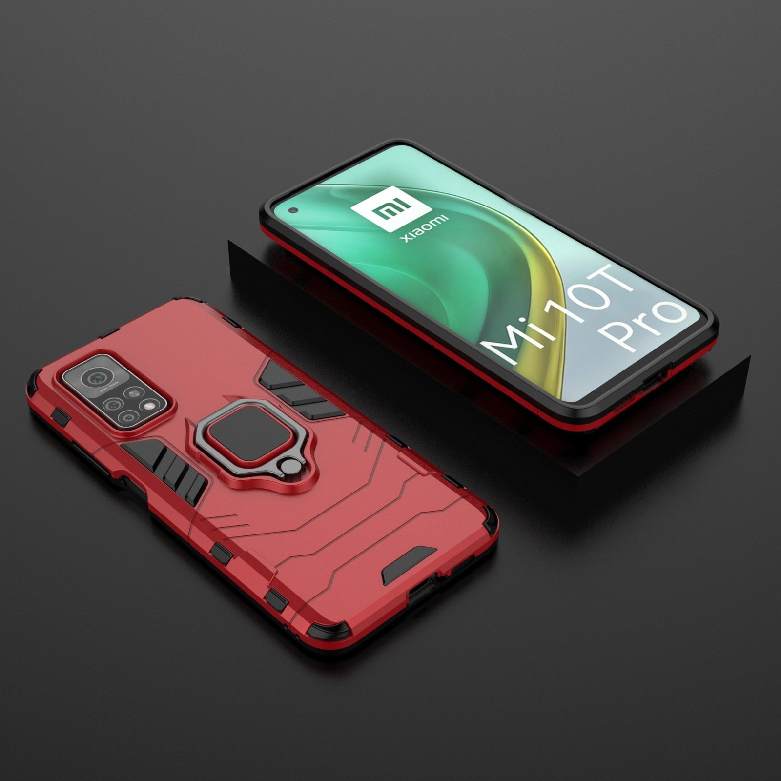 Funda de teléfono roja sobre una mesa, con un teléfono dentro, roja y negra, con un soporte de anillo.
