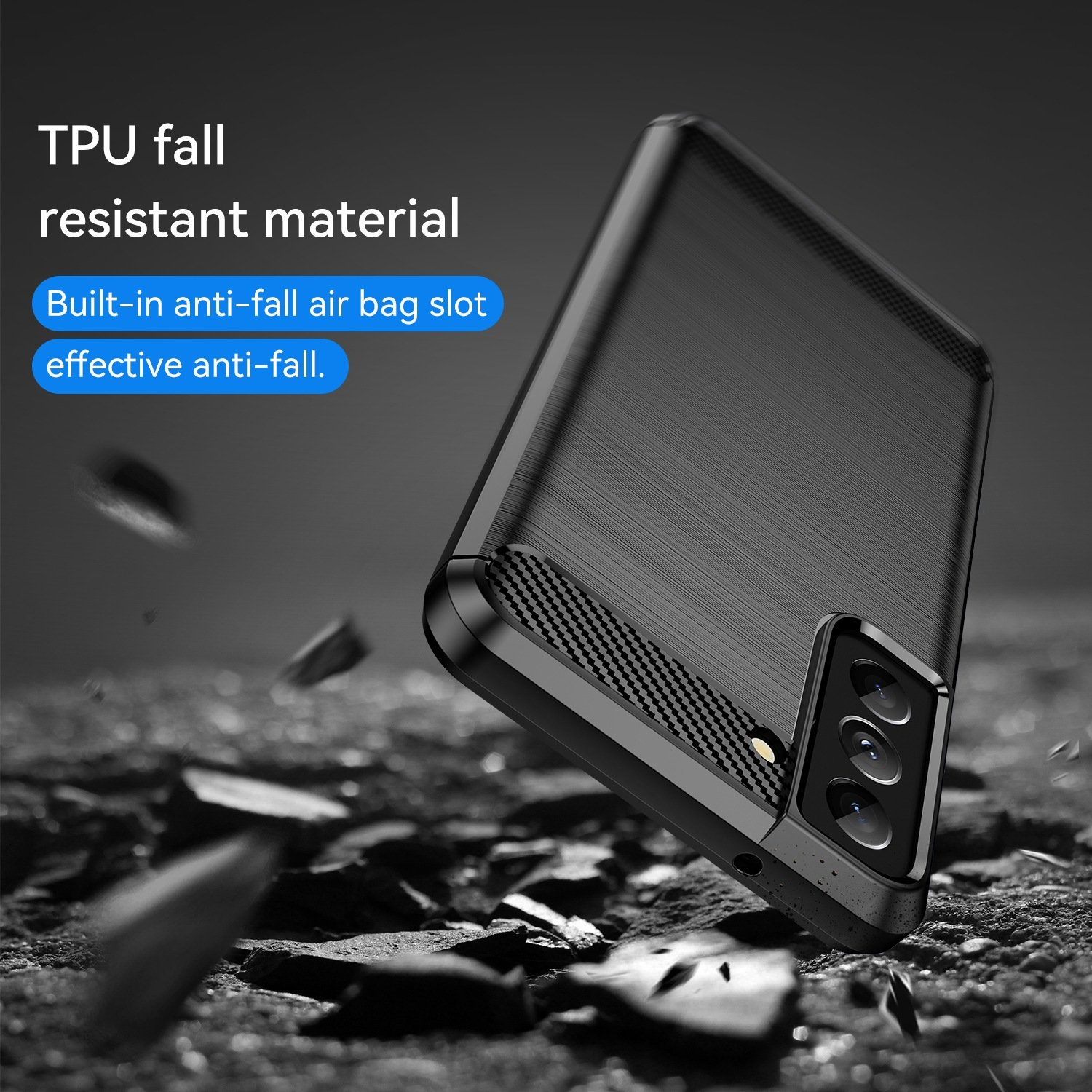 Funda negra en el suelo. Texto: Material TPU resistente a caídas, Ranura de airbag anticaída integrada.