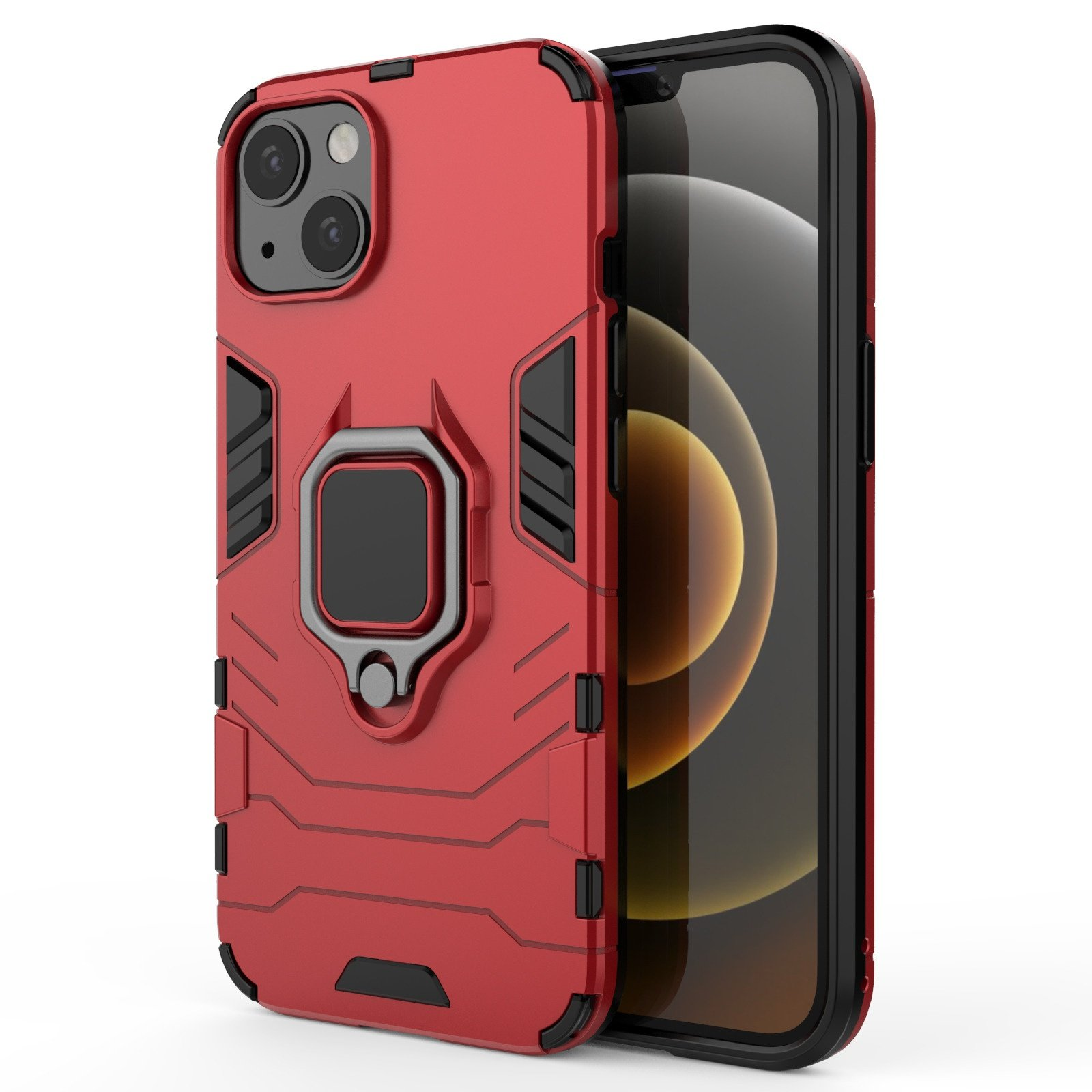 Funda roja para teléfono con soporte de anillo y teléfono a la derecha. Fondo blanco.