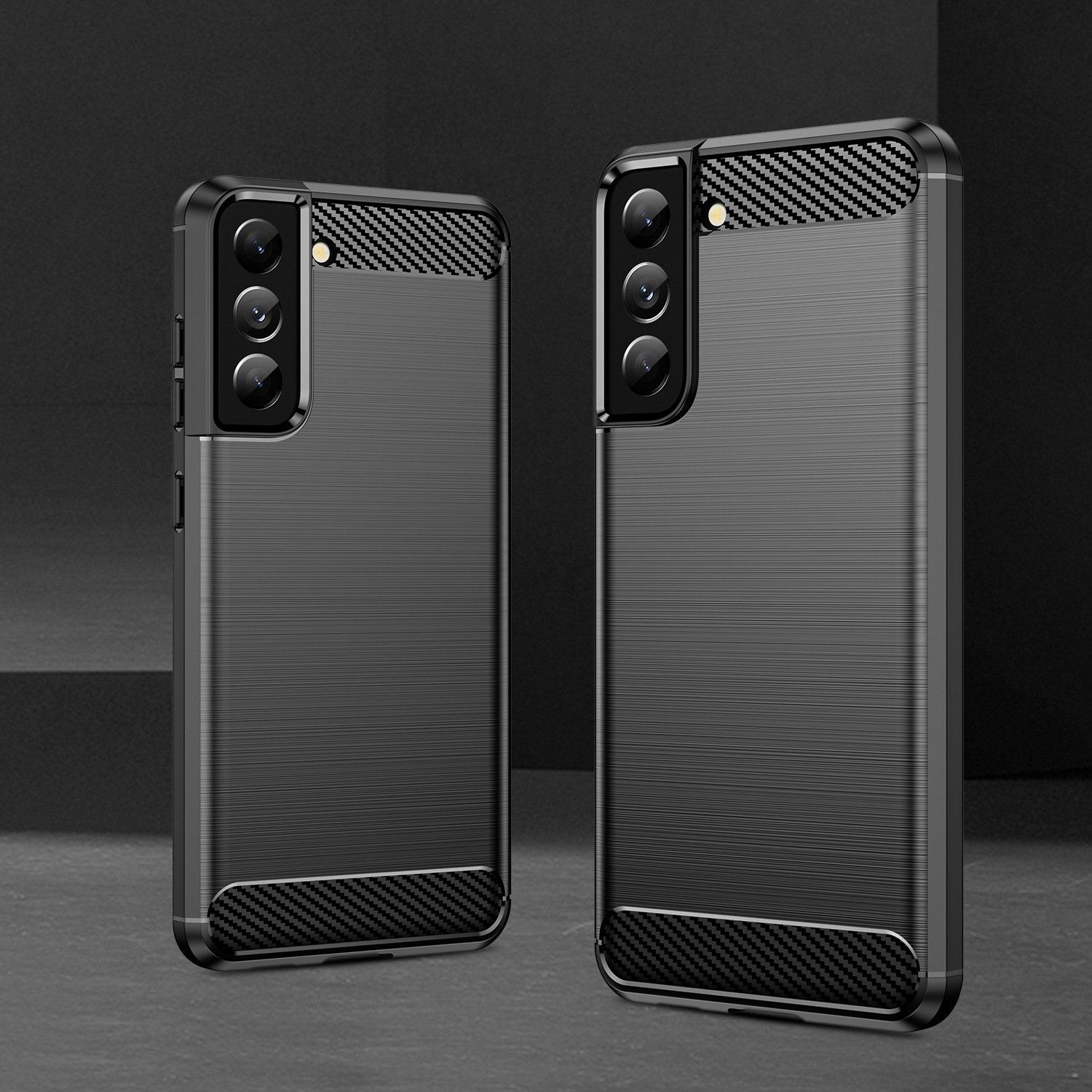 Dos fundas de teléfono negras una al lado de la otra. Cada una tiene recortes de cámara, secciones superiores e inferiores texturizadas.