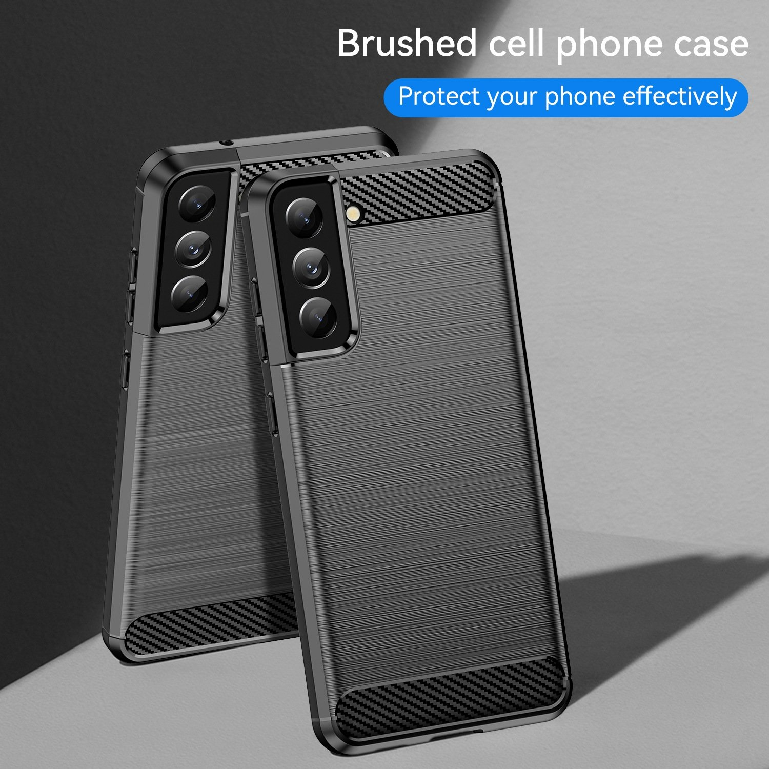 Dos fundas de teléfono negras. Ambas son texturizadas, con protección de cámara. Están sobre una superficie con sombras.