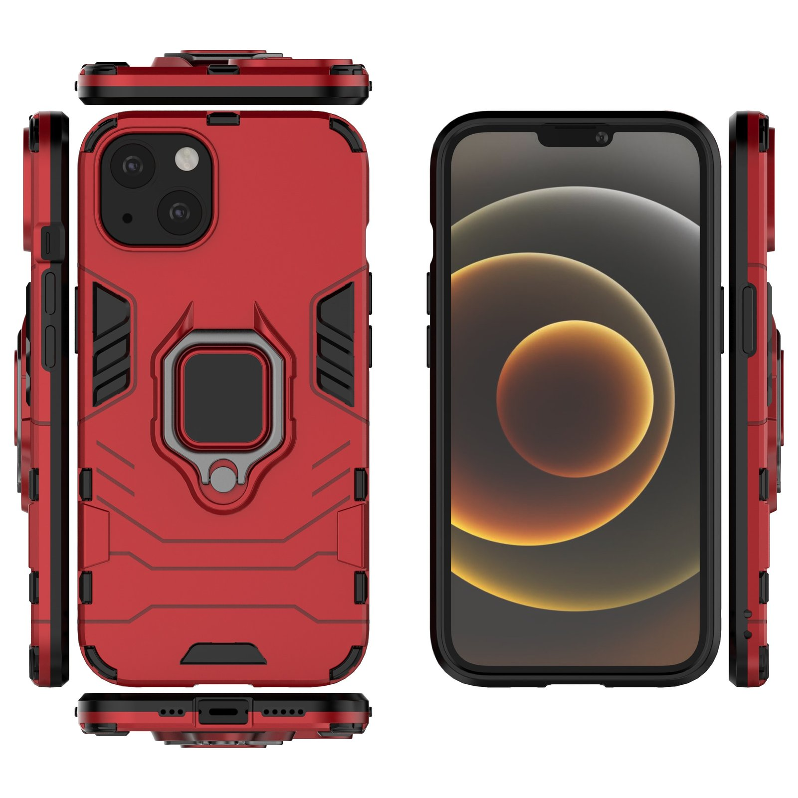 Funda roja para teléfono con soporte de anillo, junto a un teléfono. Ambos en superficie negra.
