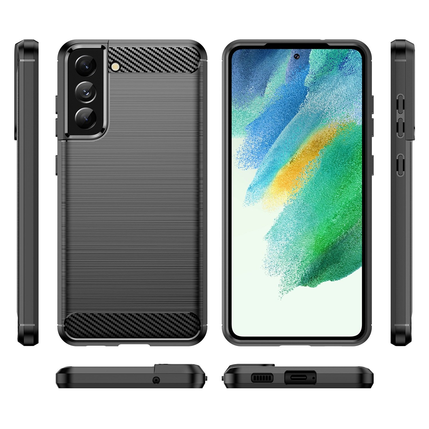 Funda de teléfono negra con un teléfono negro al lado, mostrando el lateral y la parte inferior.