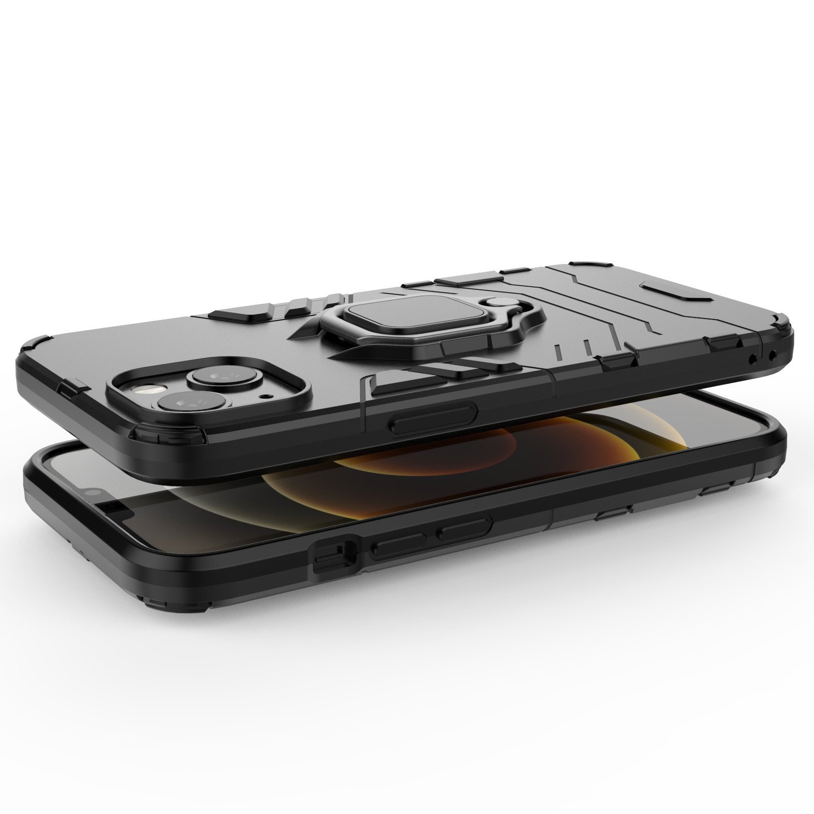 Fundas de teléfono negras, vista superior e inferior. Soporte de anillo visible. Diseño texturizado con protección.