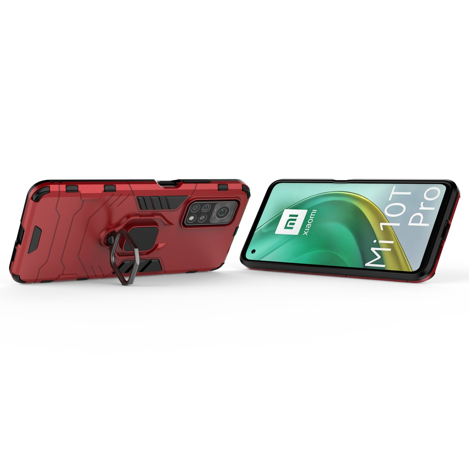 Funda roja con teléfono, soporte de anillo y cámara.