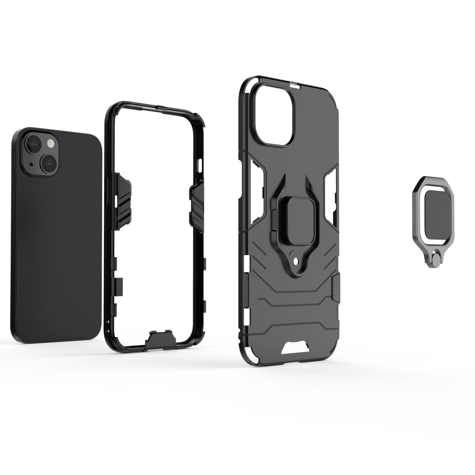 Partes de funda de teléfono negra: teléfono, marco, funda y soporte de anillo. Fondo blanco.