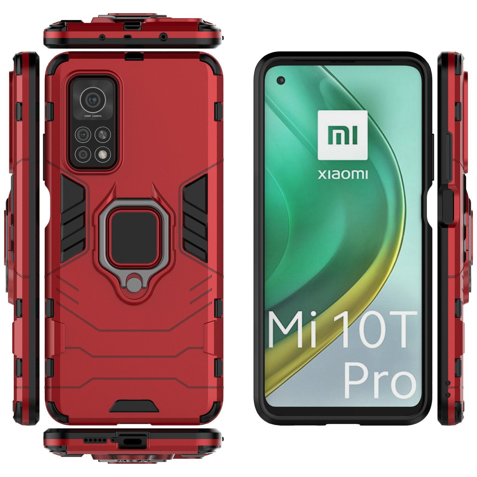 Funda de teléfono roja con un teléfono dentro. Varios ángulos. Fondo blanco.