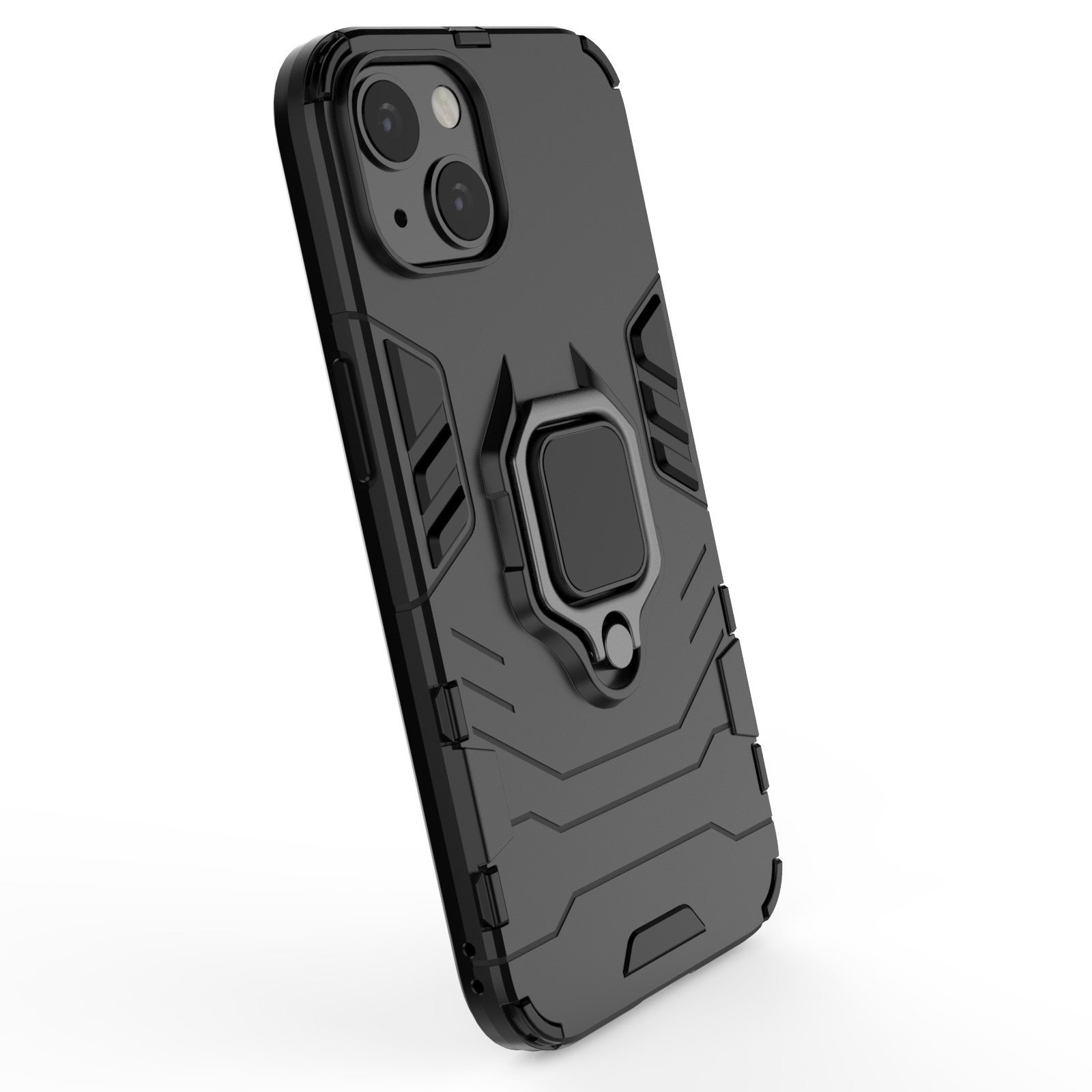 Funda negra con soporte de anillo, inclinada. Diseño resistente, sobre fondo blanco.
