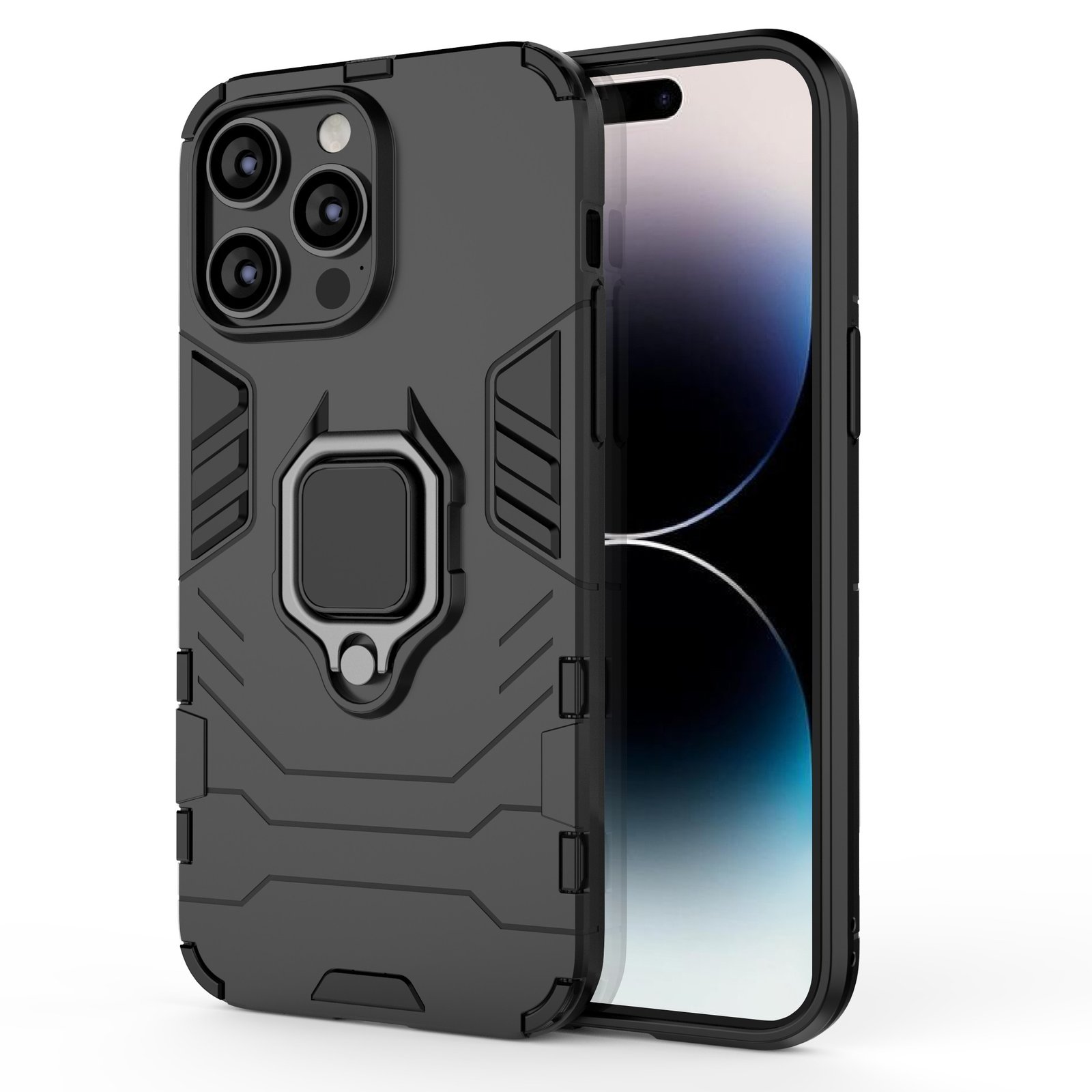 Funda de teléfono negra con anillo. El teléfono está dentro de la funda. La funda está sobre una superficie blanca.