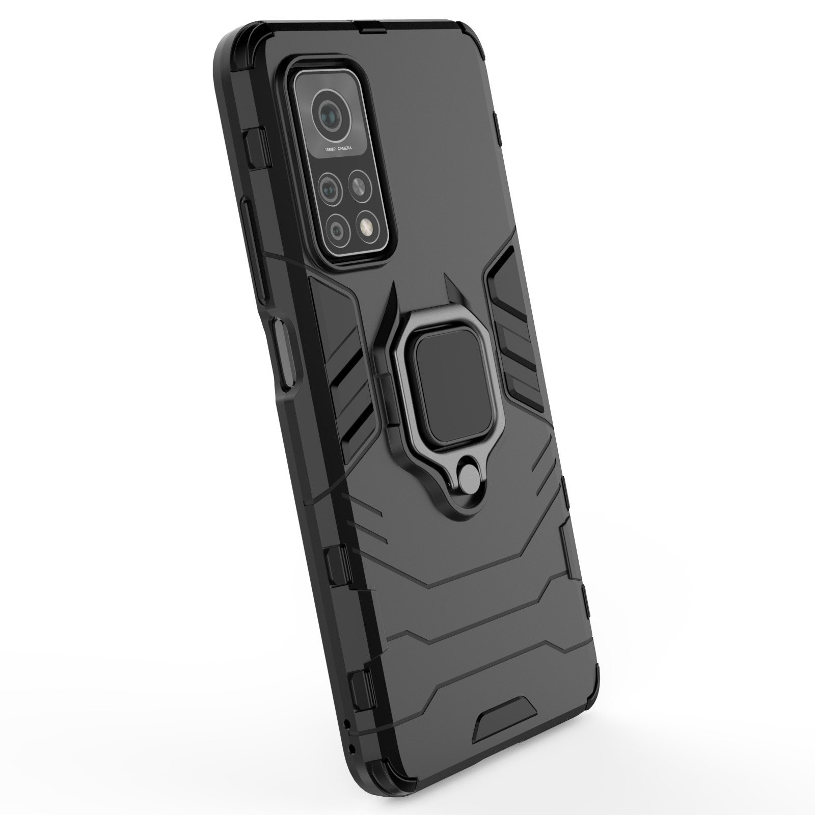 Funda negra para teléfono con soporte de anillo. Cámara visible. Fondo blanco.