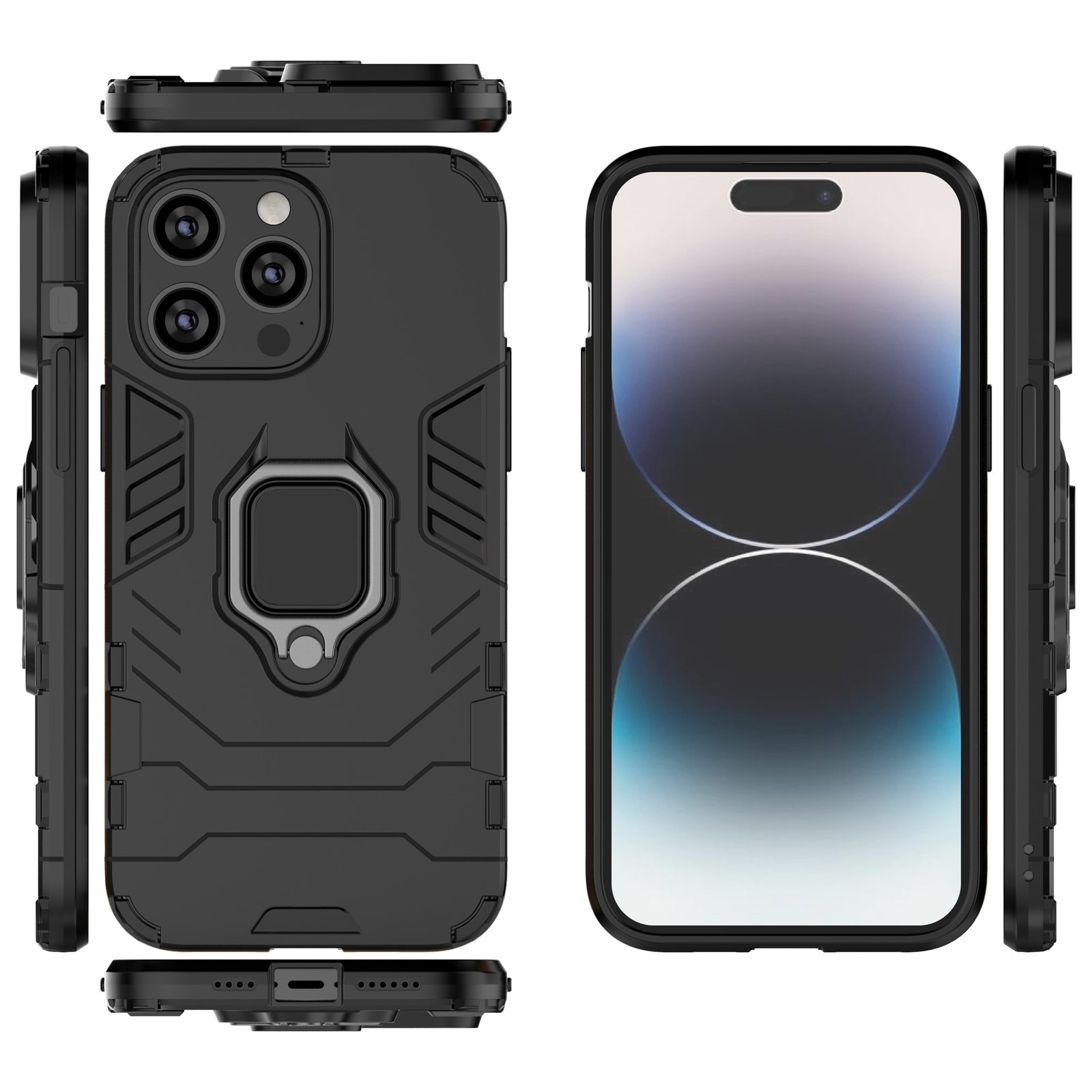 Múltiples vistas de una funda negra para teléfono con soporte de anillo y recortes.