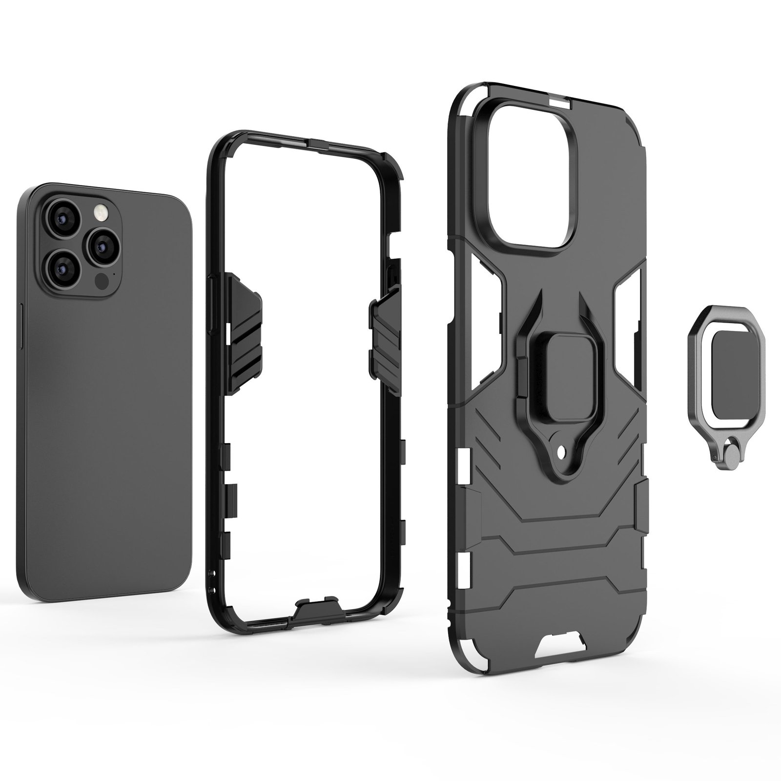 Funda negra con teléfono, desmontado. Funda, marco y soporte de anillo separados. Múltiples vistas.