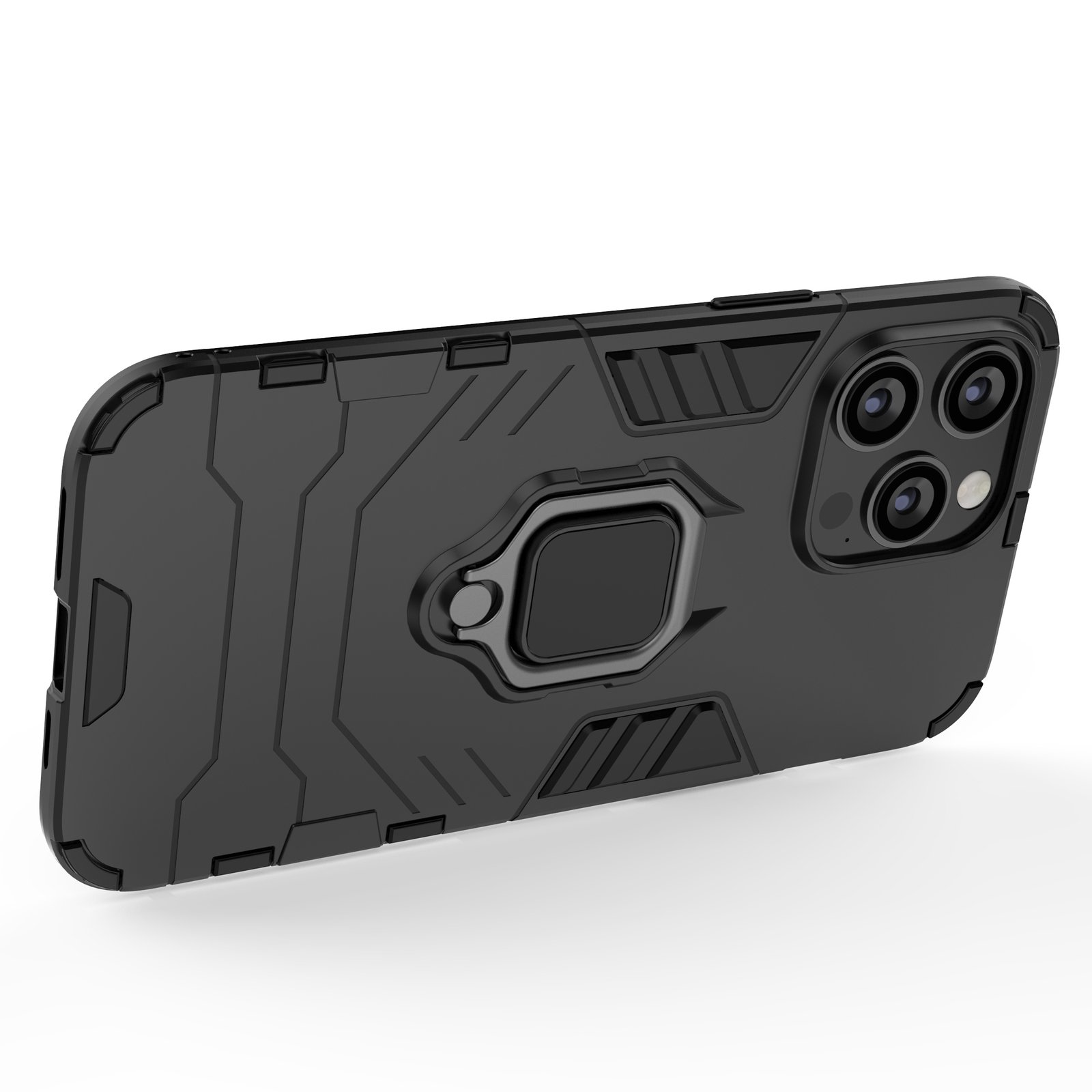 Funda negra con anillo. El teléfono está en ángulo, mostrando la parte trasera y lateral de la funda.