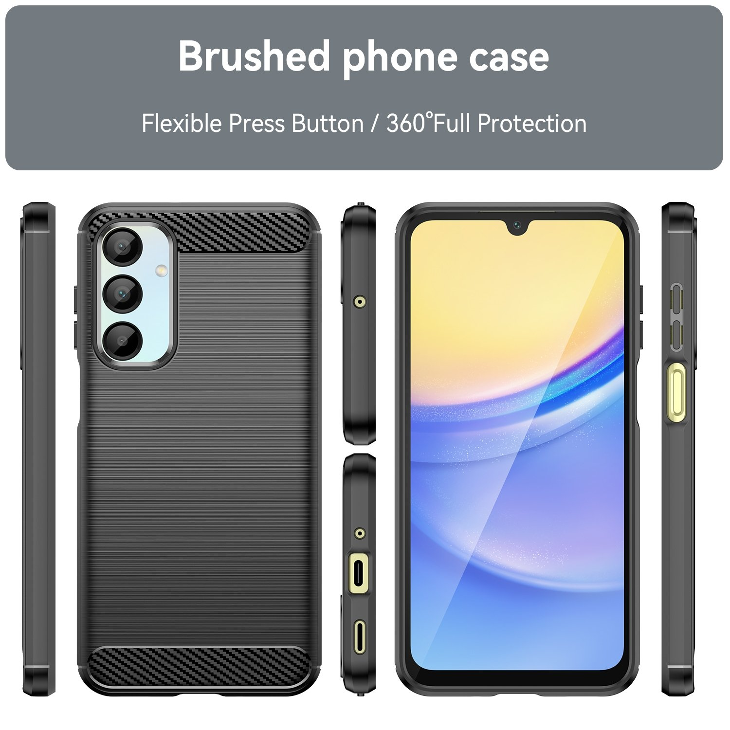 Funda negra con parte trasera texturizada, mostrando el teléfono desde diferentes ángulos. La funda es para un teléfono.