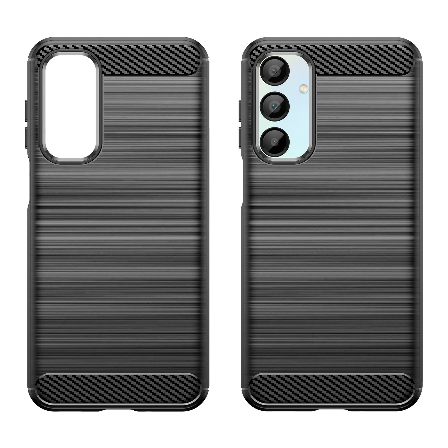 Fundas de teléfono negras con un patrón texturizado, una al lado de la otra, con un fondo negro.
