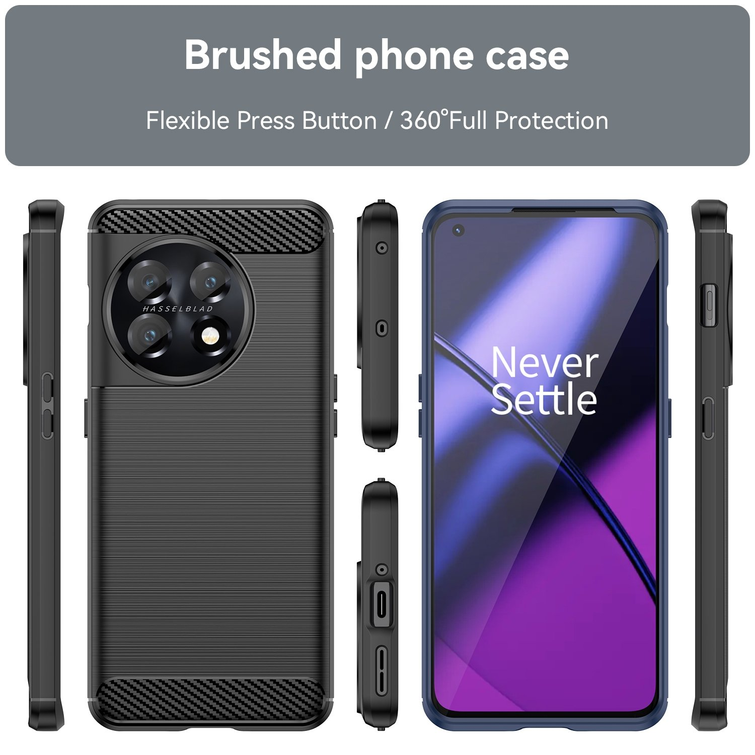 Múltiples vistas de una funda de teléfono. La funda es negra y tiene un patrón único. El teléfono es azul.