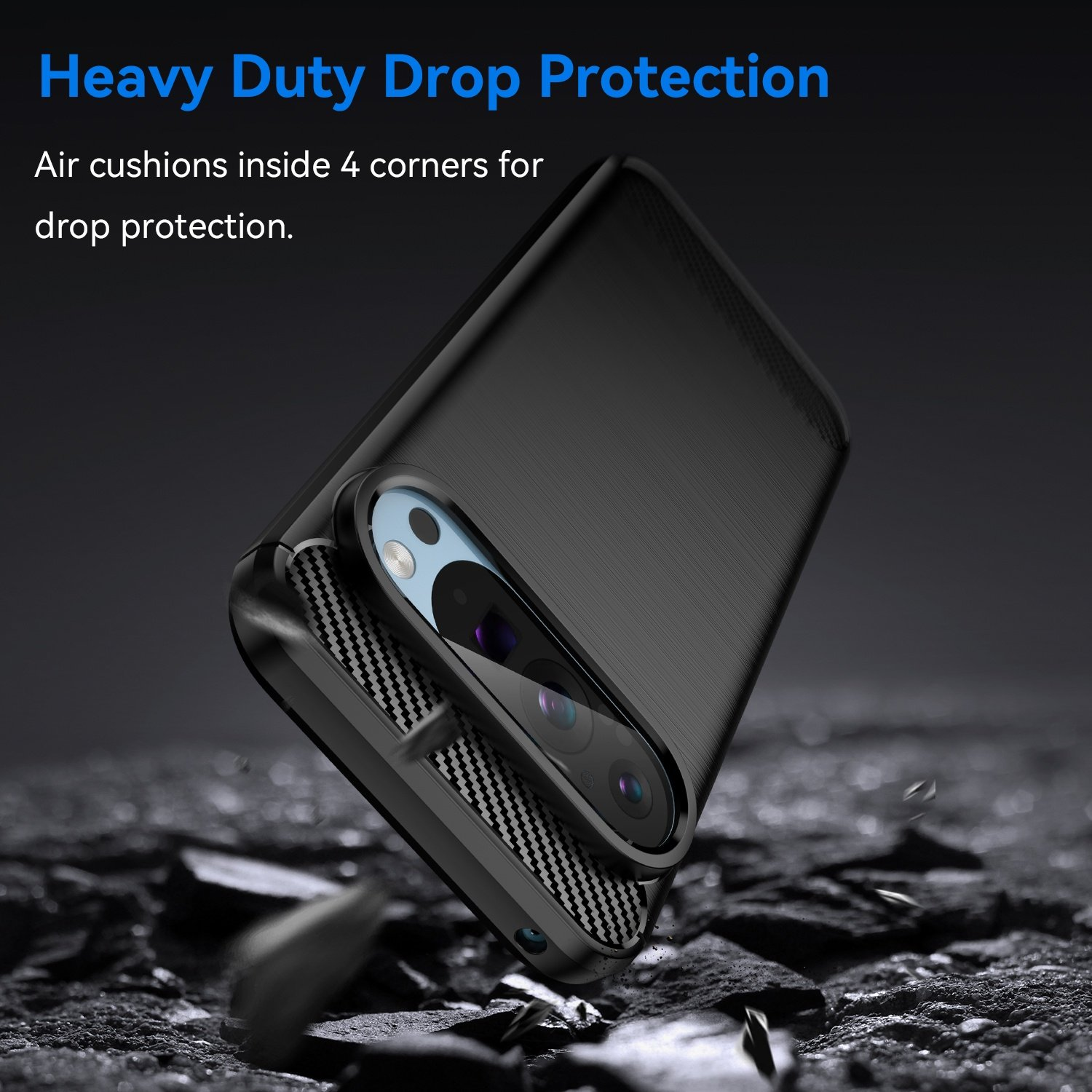 Funda negra para teléfono con protección contra caídas.