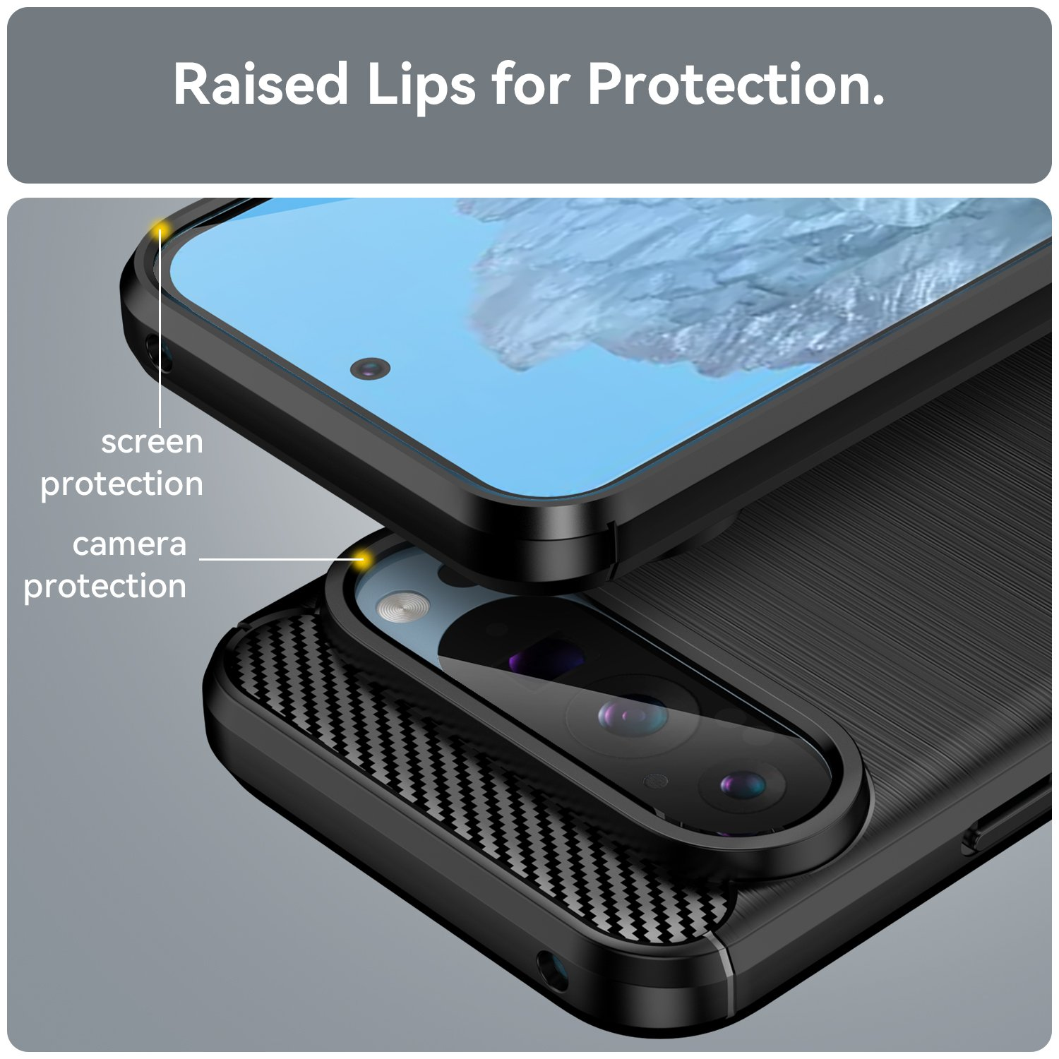 Primer plano de una funda de teléfono. Tiene un borde elevado para la protección de la pantalla y la cámara.