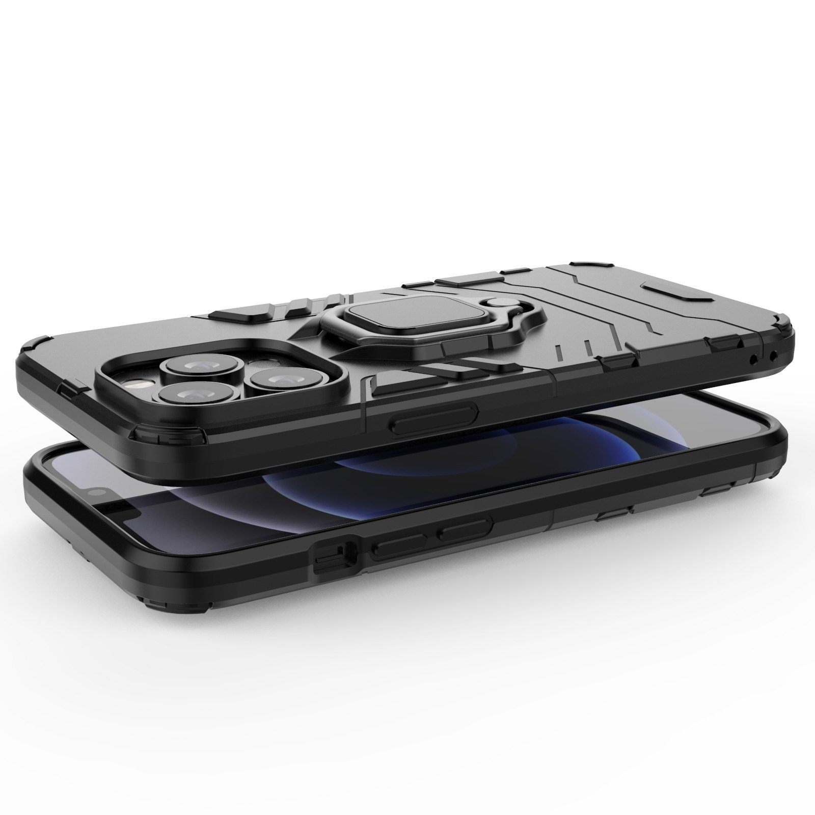 Funda negra con soporte de anillo. La funda está encima de otro teléfono con la pantalla visible.