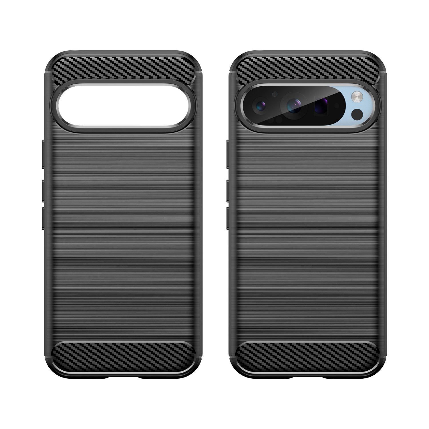 Dos fundas negras para teléfono con textura de fibra de carbono. Fondo blanco. Una tiene un recorte para la cámara.