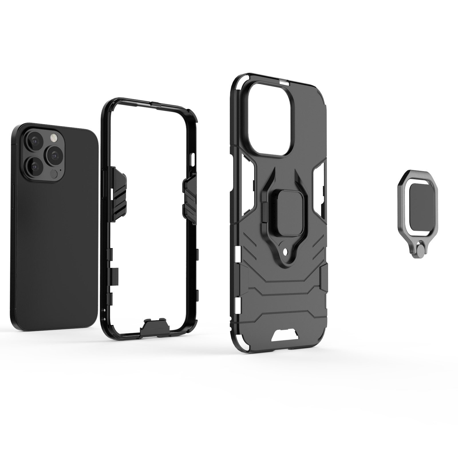 Piezas de funda de teléfono negra, desmontadas. Incluye funda, soporte y marco.
