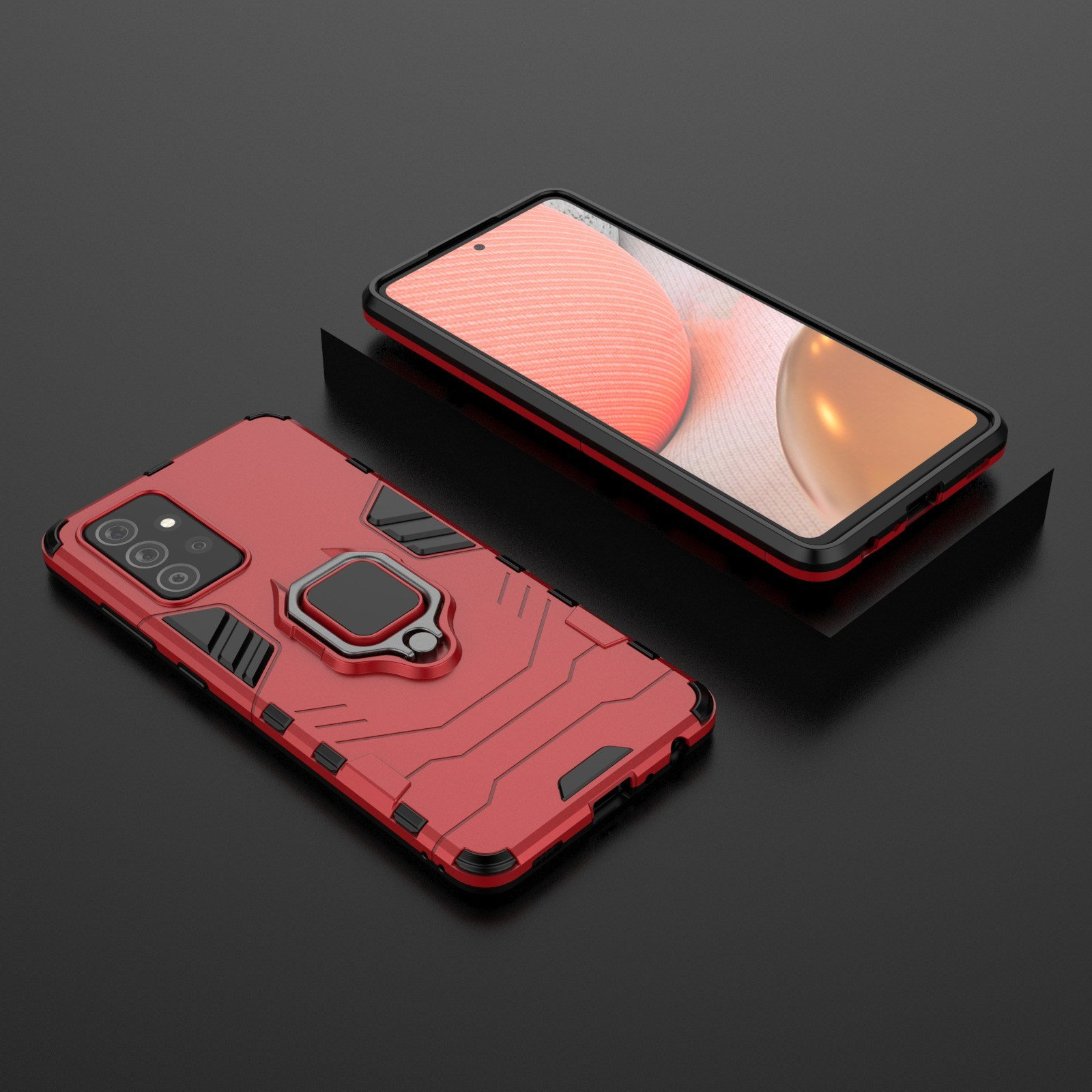 Dos teléfonos con fundas rojas, uno tumbado, otro de pie. Ambos tienen anillos.