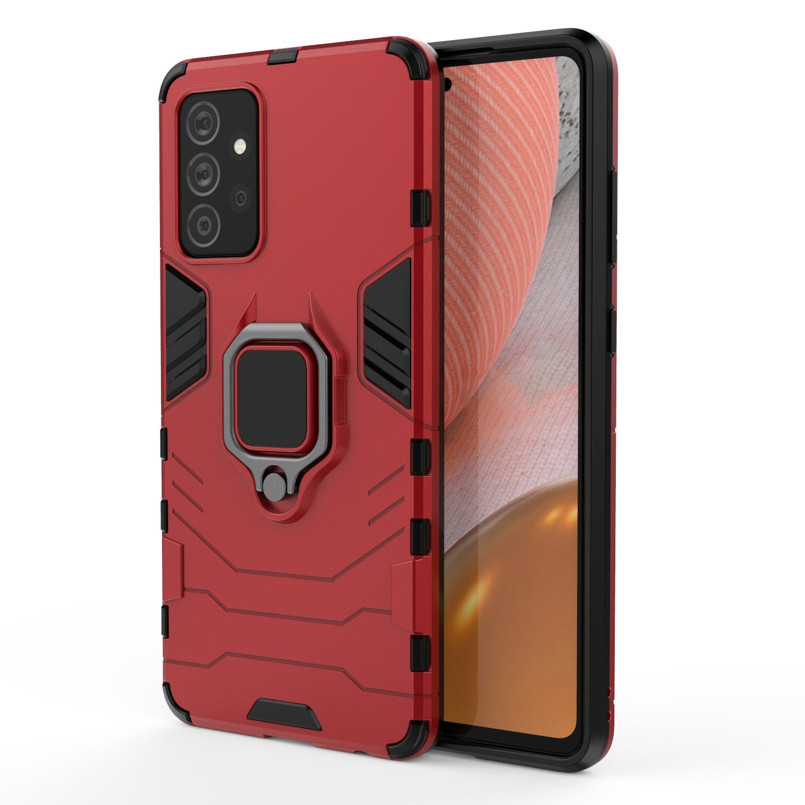 Funda roja con soporte de anillo y detalles negros. Teléfono dentro. Fondo blanco.
