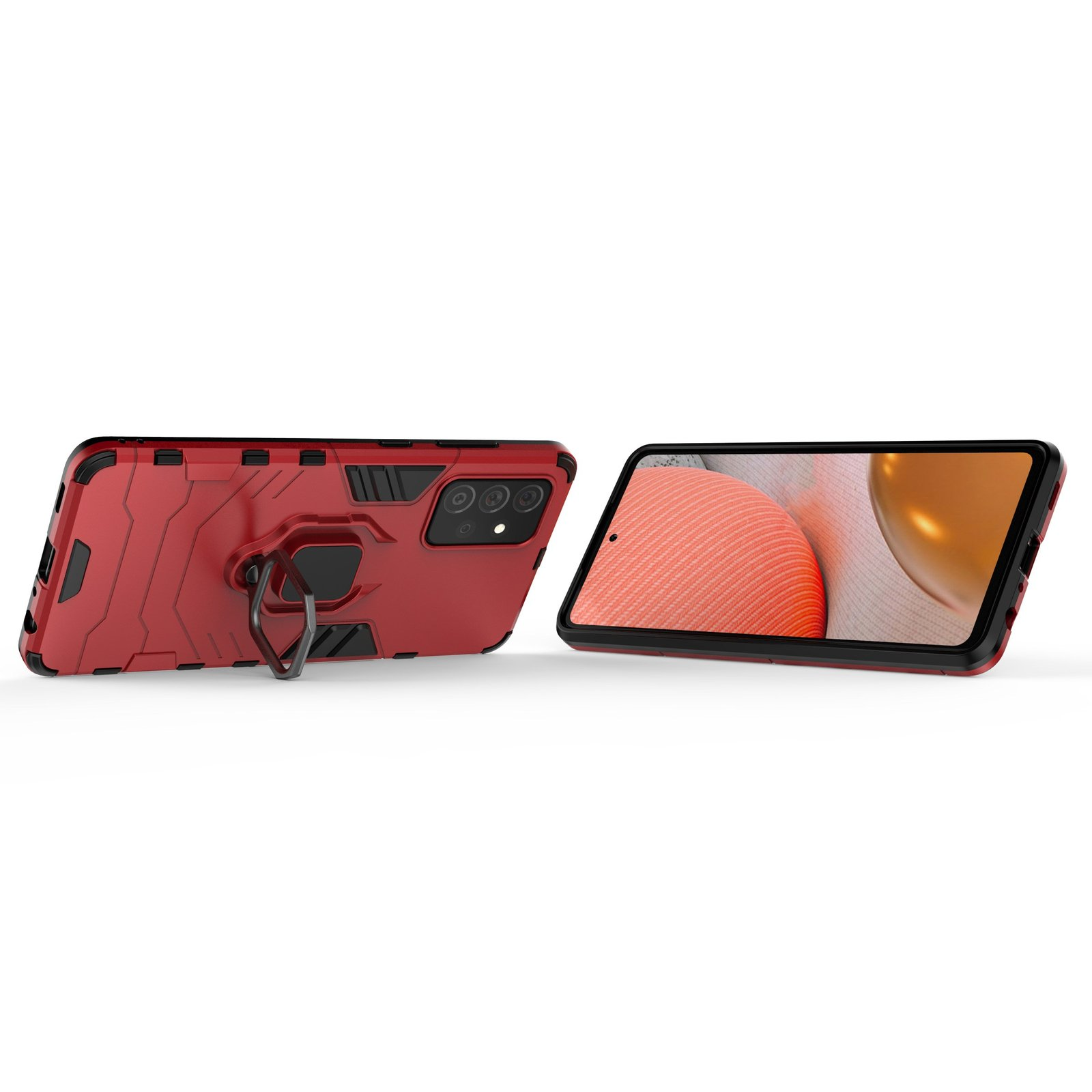 Funda de teléfono roja con un teléfono dentro. Varios ángulos. Fondo blanco.