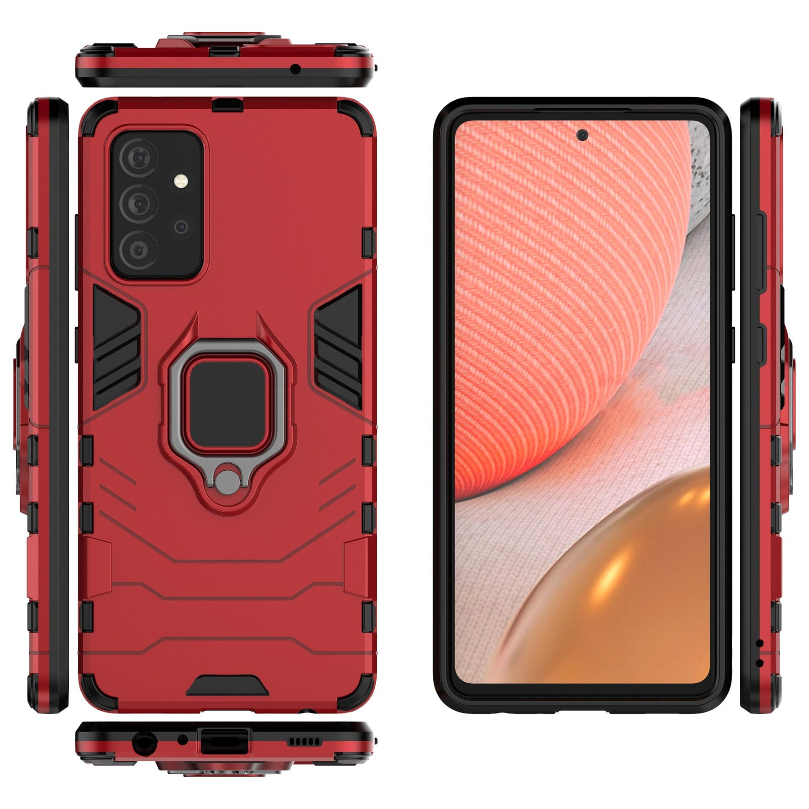 Fundas de teléfono rojas con un soporte de anillo. Una funda está en un teléfono y otras están separadas.