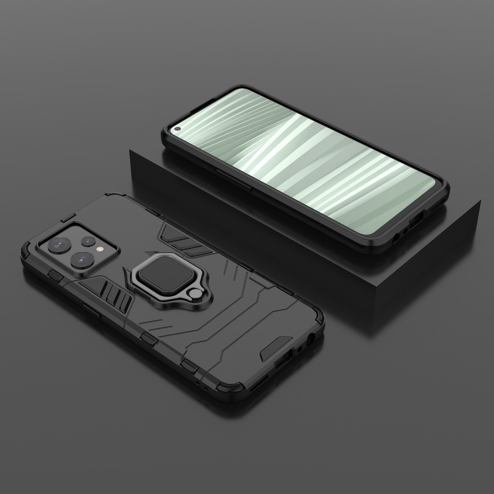 Funda negra para teléfono con soporte de anillo y teléfono con pantalla oscura sobre superficie negra.