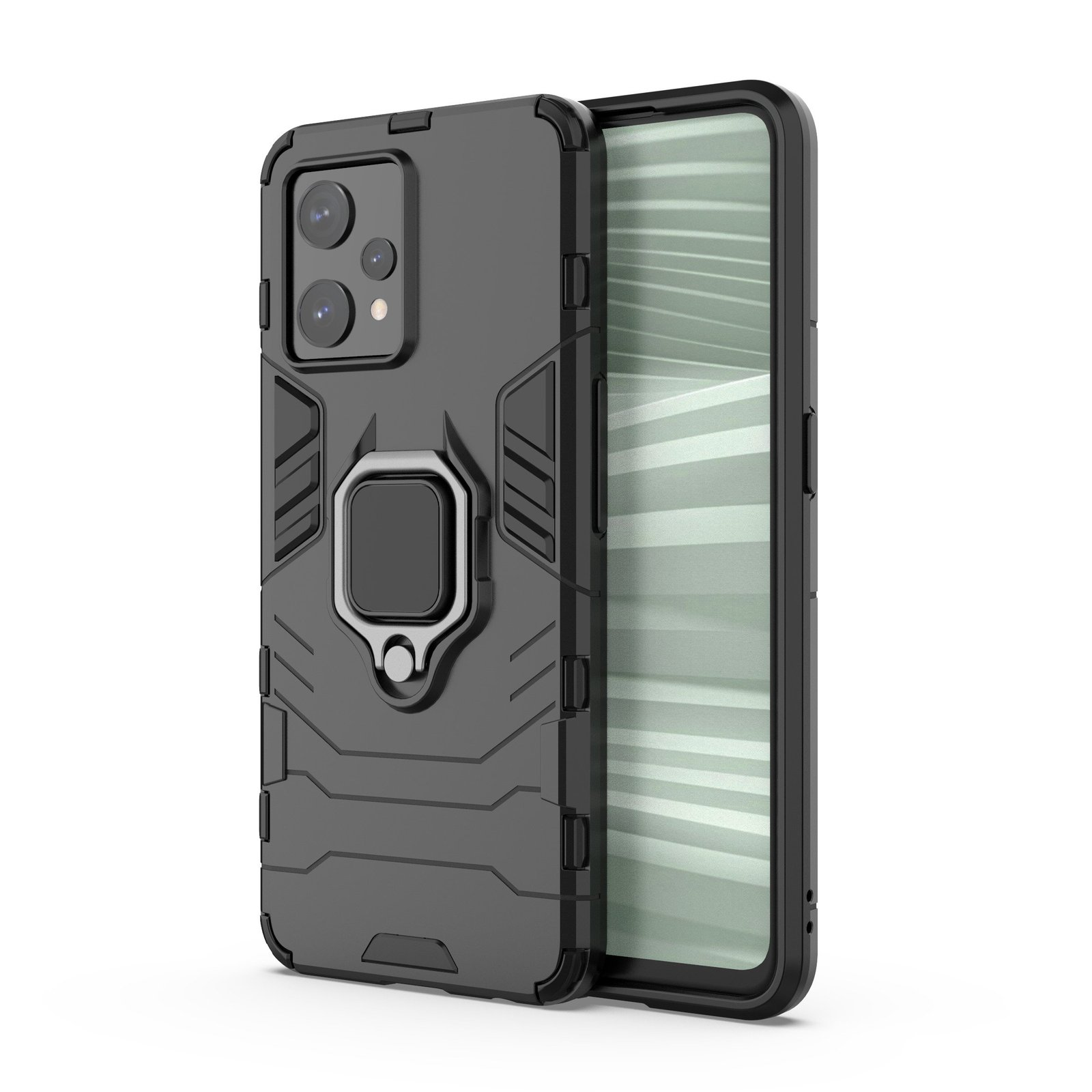Funda de teléfono negra con soporte de anillo, con el teléfono dentro con una interfaz negra.