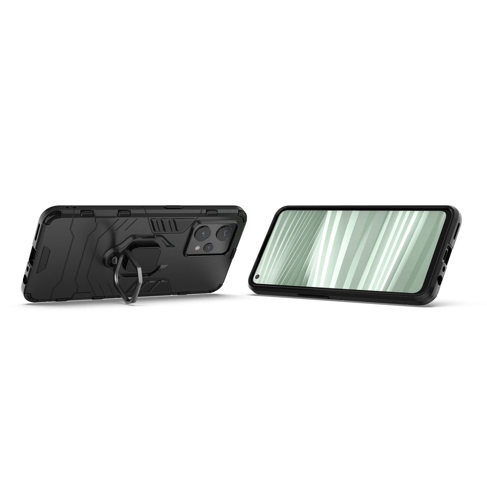 Funda negra con teléfono y soporte de anillo. Fondo oscuro, el teléfono está dentro.
