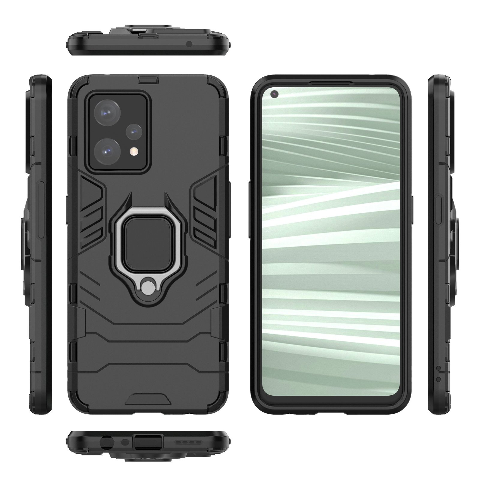 Múltiples vistas de una funda negra para teléfono con soporte de anillo. Fondo blanco. La funda es negra.