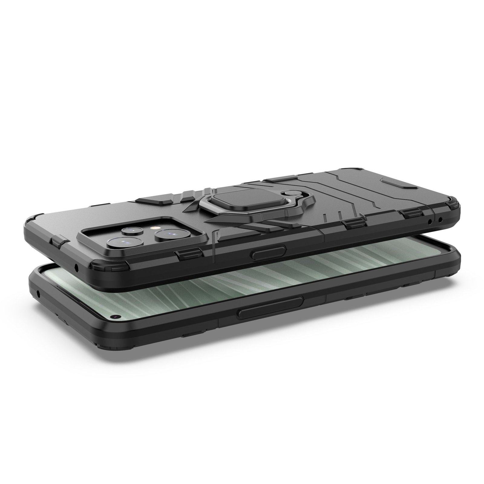 Funda negra para teléfono con soporte de anillo encima de un teléfono. Fondo blanco.