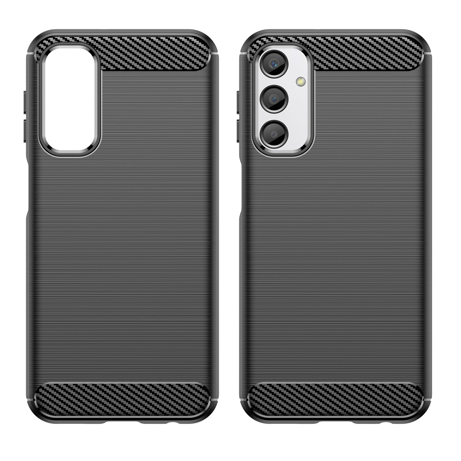 Dos fundas para teléfono con un patrón texturizado. Las fundas son negras y tienen un diseño de fibra de carbono.