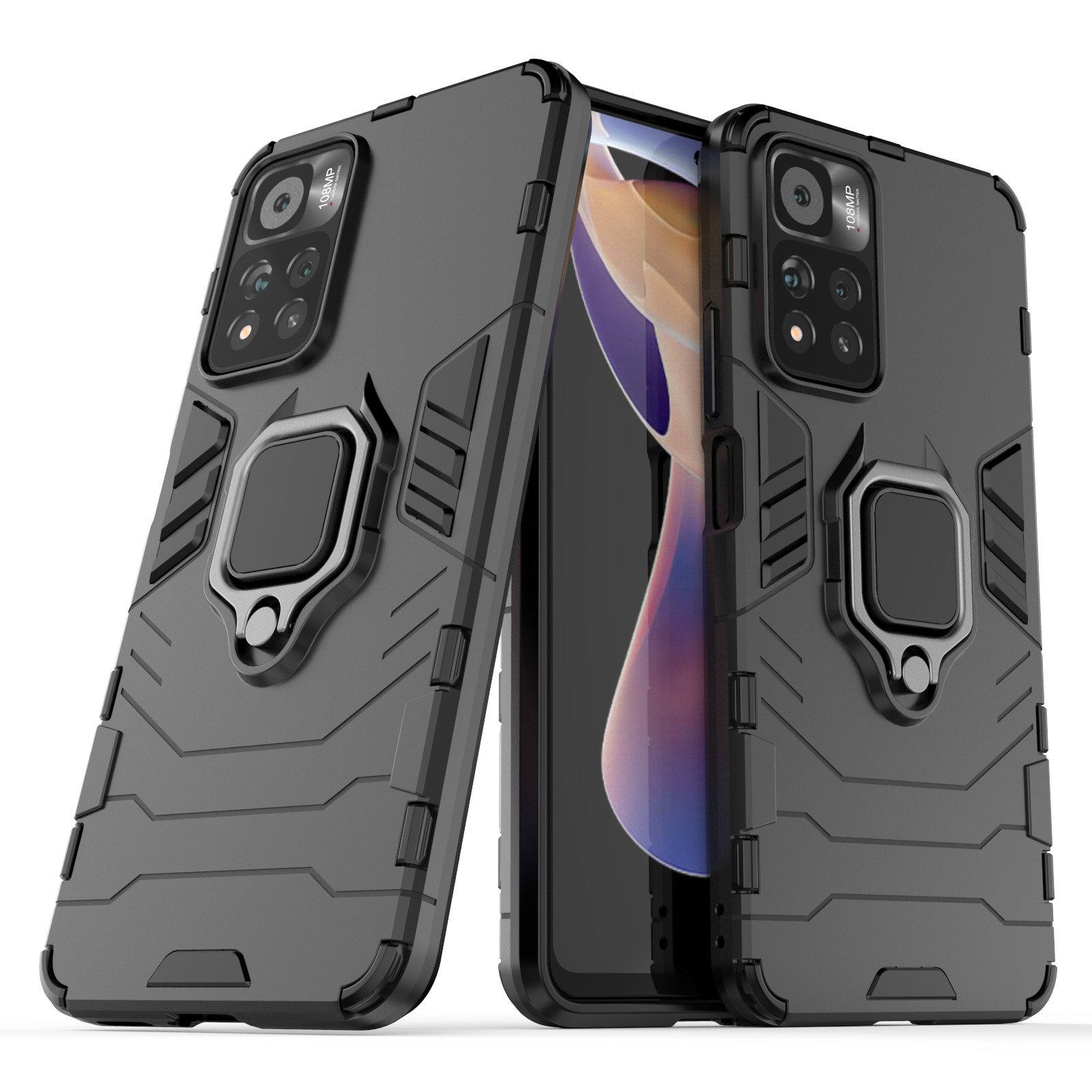 Dos fundas de teléfono gris oscuro con soportes de anillo. Las fundas están sobre un fondo blanco.