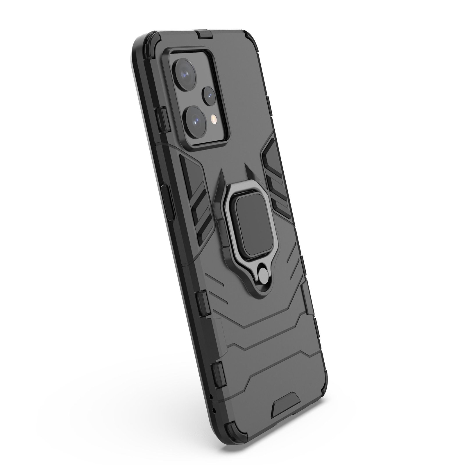 Una funda negra para teléfono con soporte de anillo está en ángulo hacia la izquierda. Tiene un bulto de cámara y una superficie texturizada.