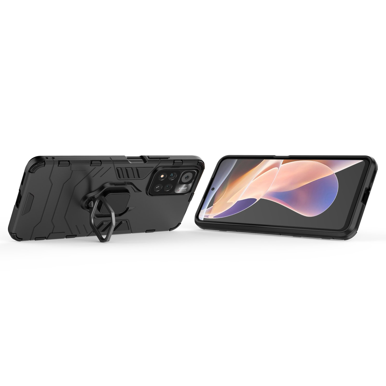 Funda negra con soporte de anillo y un teléfono con pantalla. Fondo blanco.