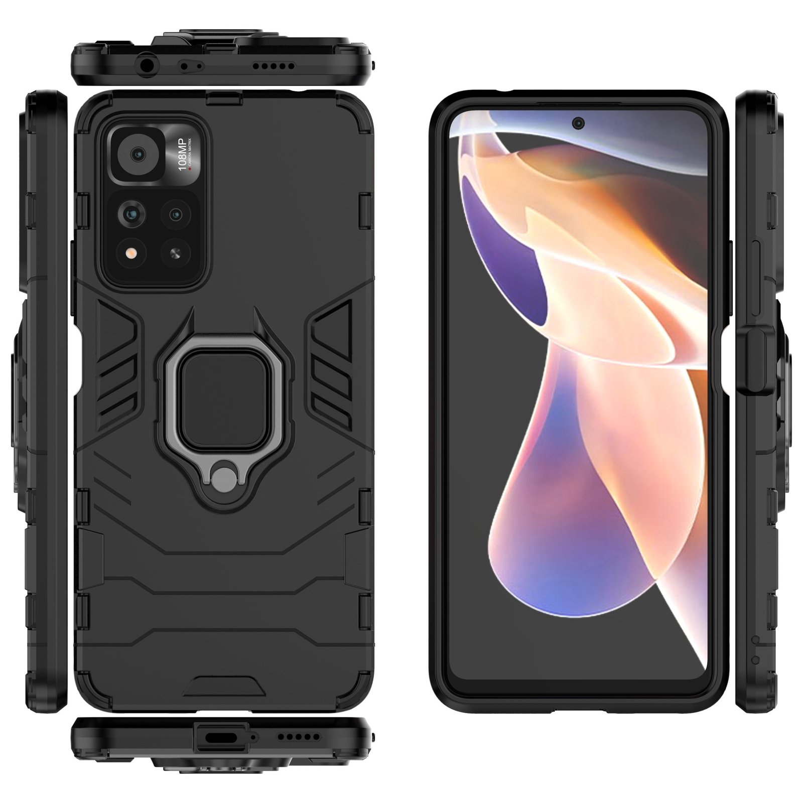 Funda negra con soporte de anillo, con un teléfono que muestra un diseño colorido.