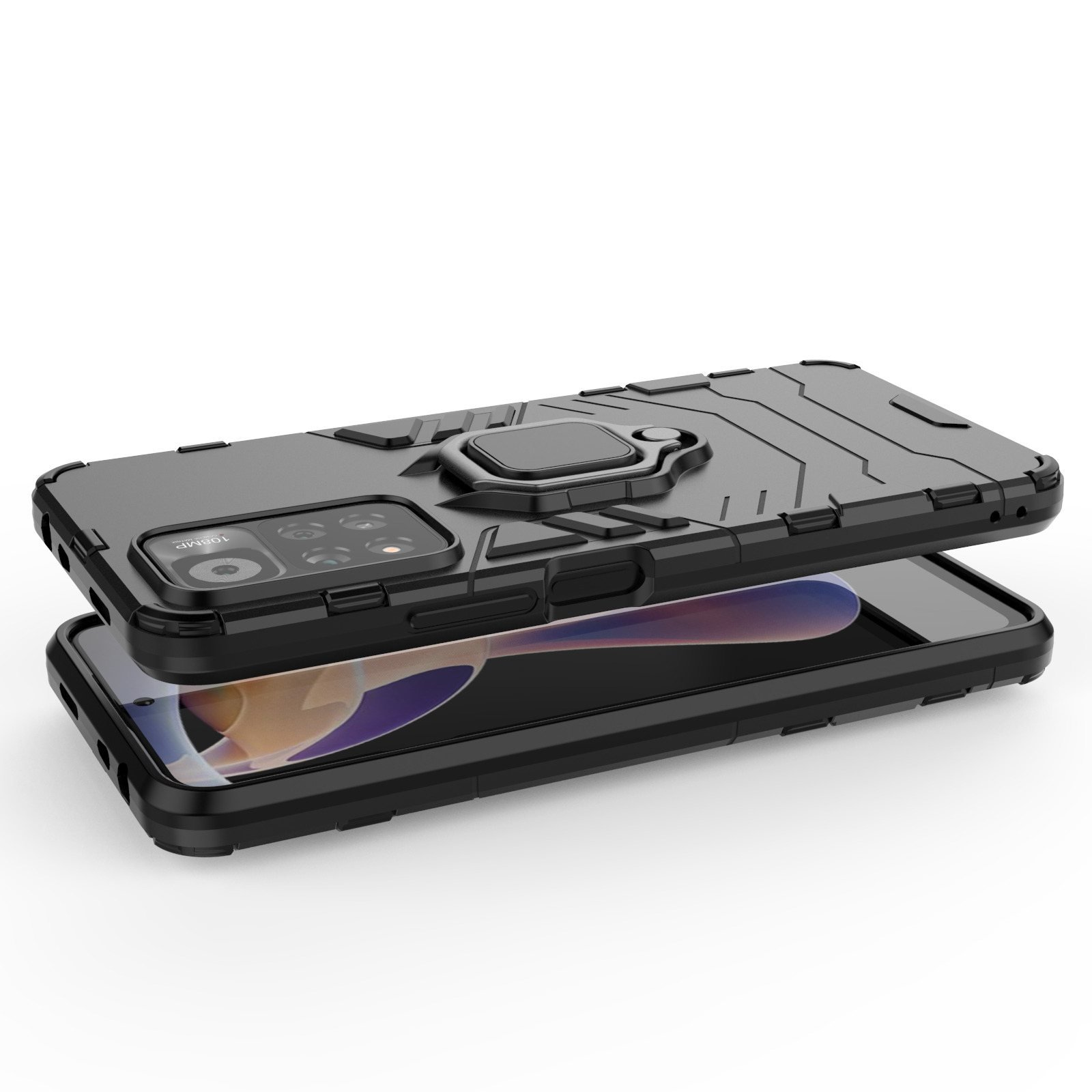 Funda negra abierta, revelando la pantalla. El teléfono está inclinado hacia un lado, sobre una superficie blanca.