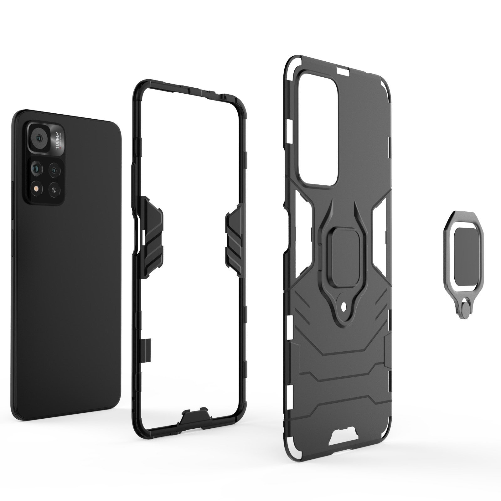 Piezas de funda negra para teléfono con soporte de anillo y teléfono. Fondo blanco.