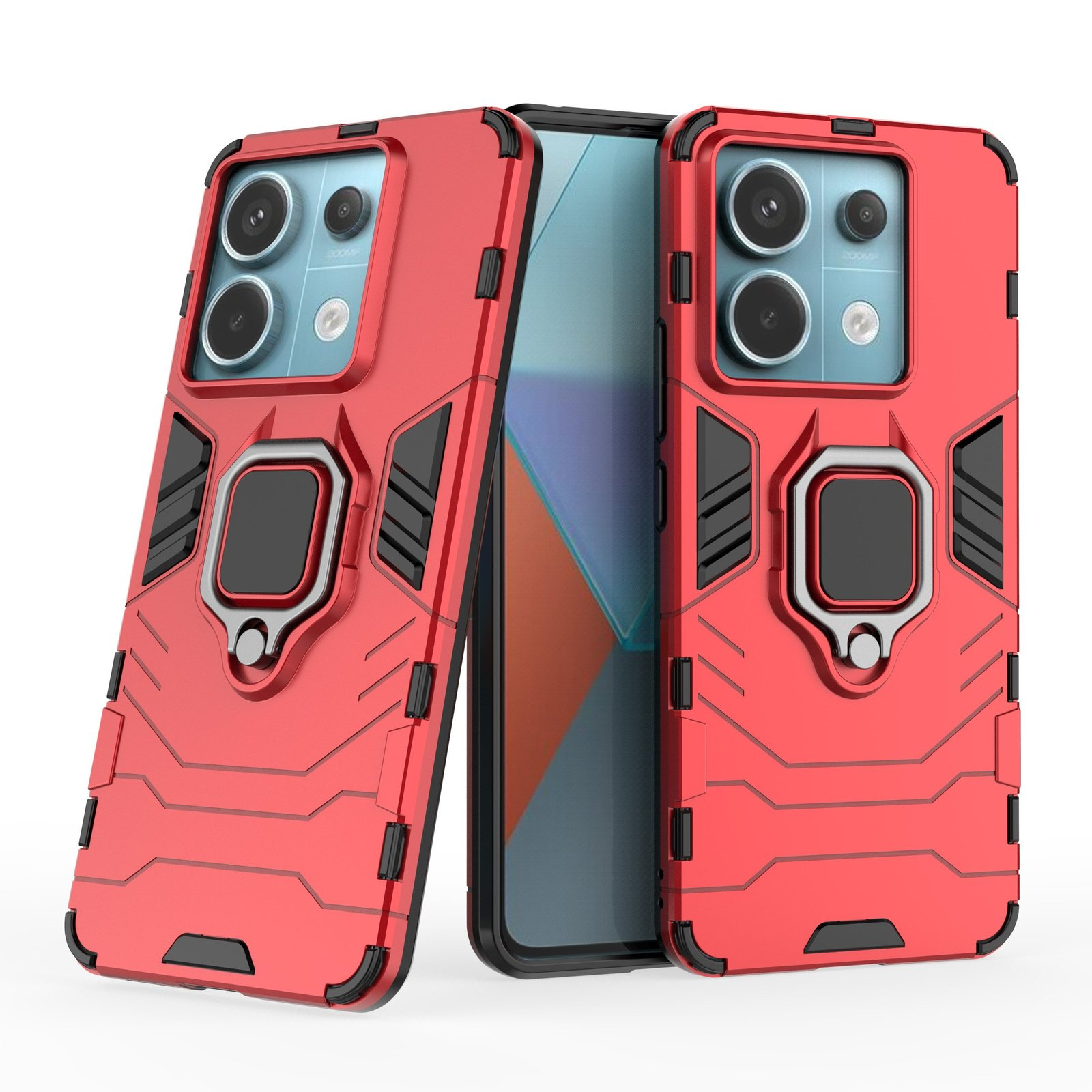 Fundas rojas con soportes de anillo. Teléfonos dentro. Pantallas visibles en el centro.