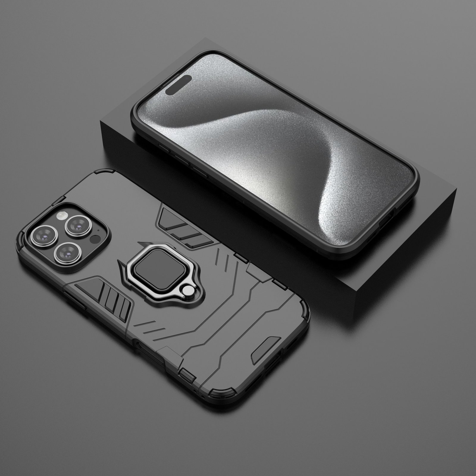 Funda negra con soporte de anillo, teléfono en soporte negro y pantalla.