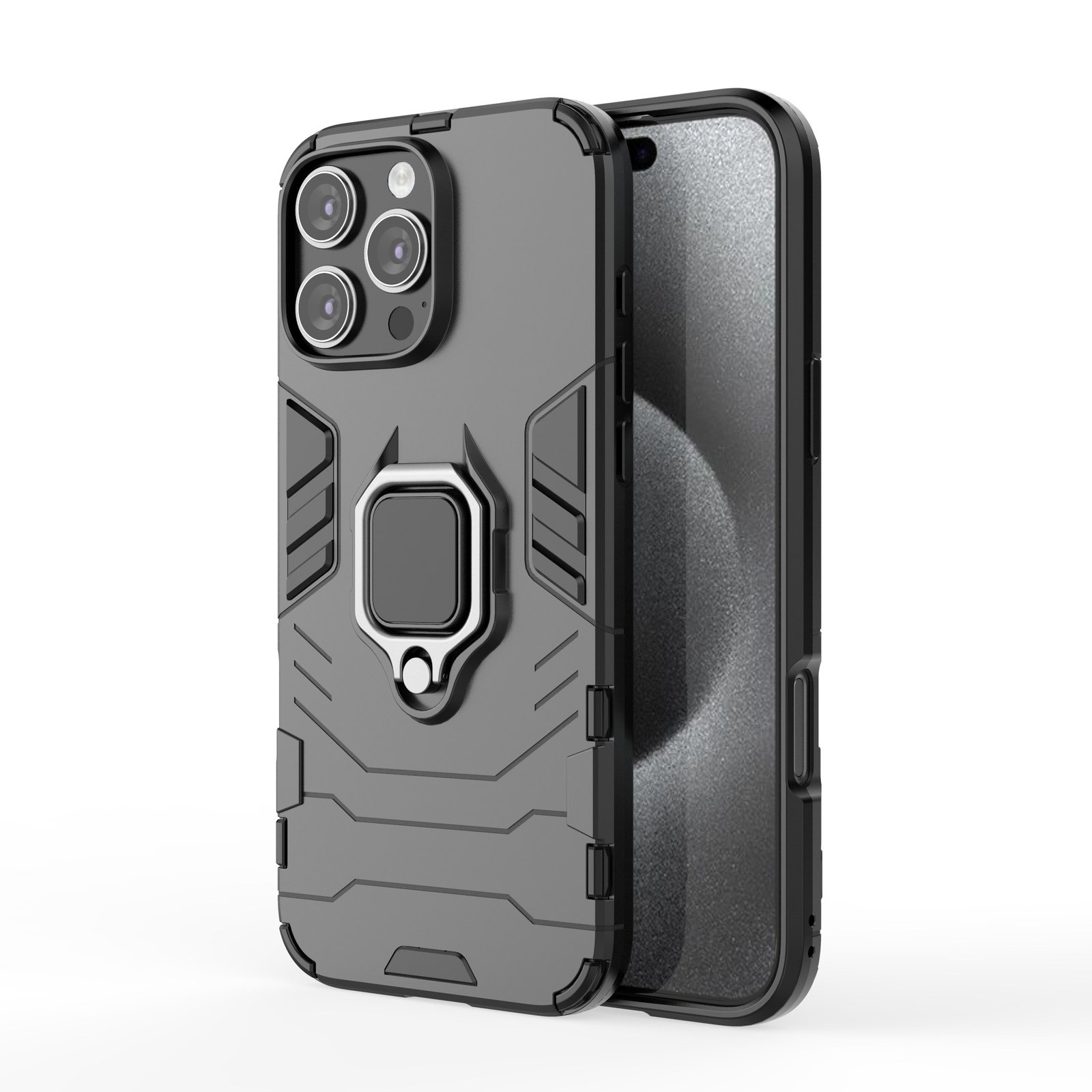 Funda de teléfono gris con soporte de anillo y un teléfono dentro. Fondo blanco.
