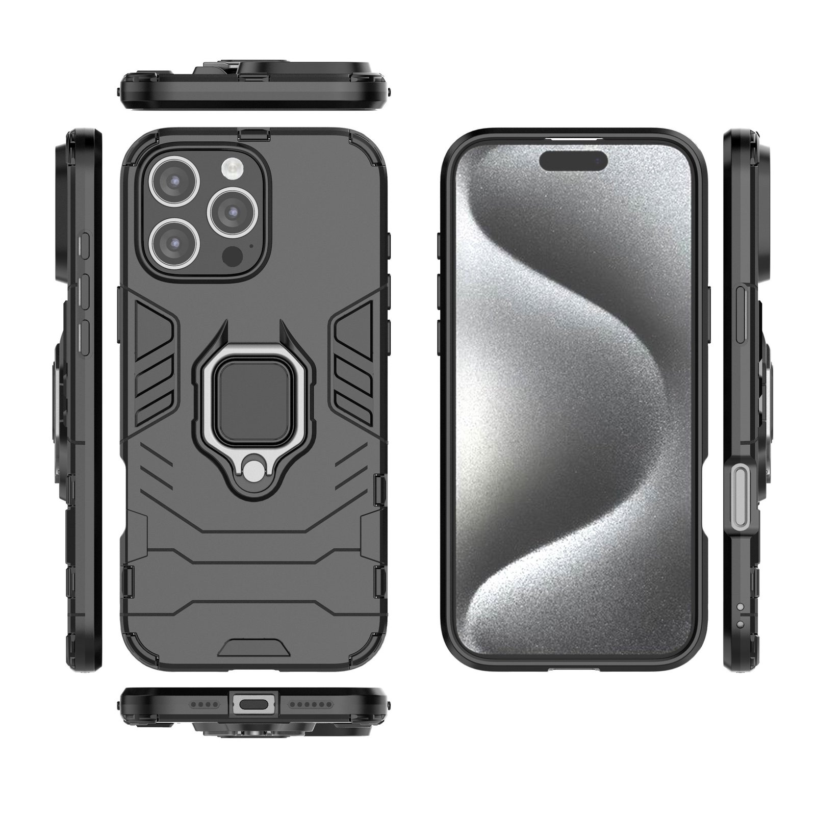 Partes de funda de teléfono negra dispuestas, mostrando frente, espalda, lados y parte superior.
