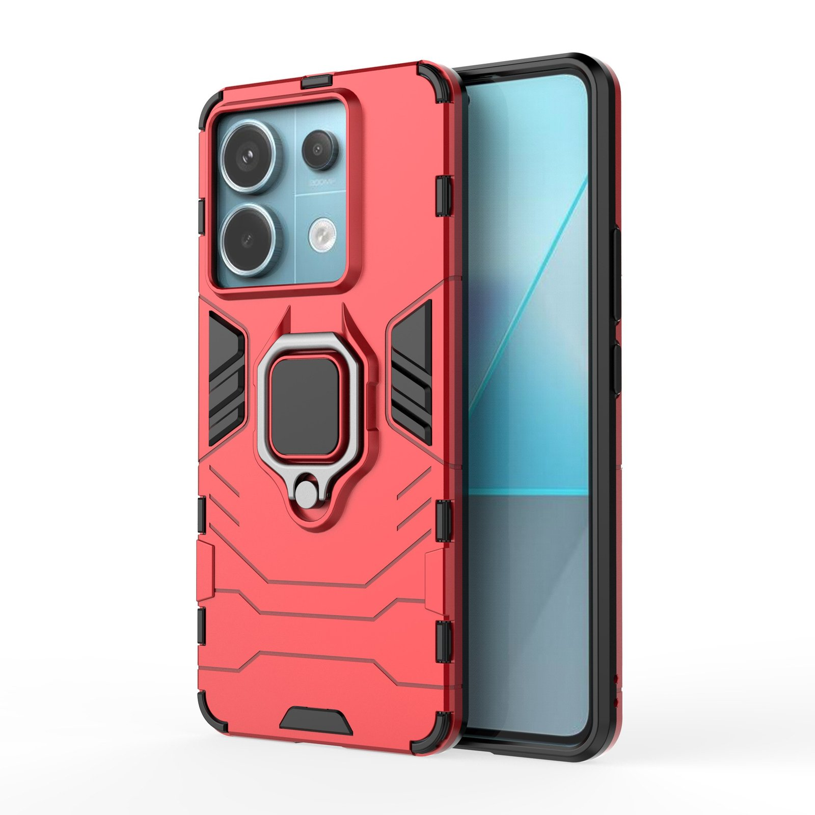 Funda roja para teléfono con soporte de anillo junto a un teléfono negro con pantalla azul claro.