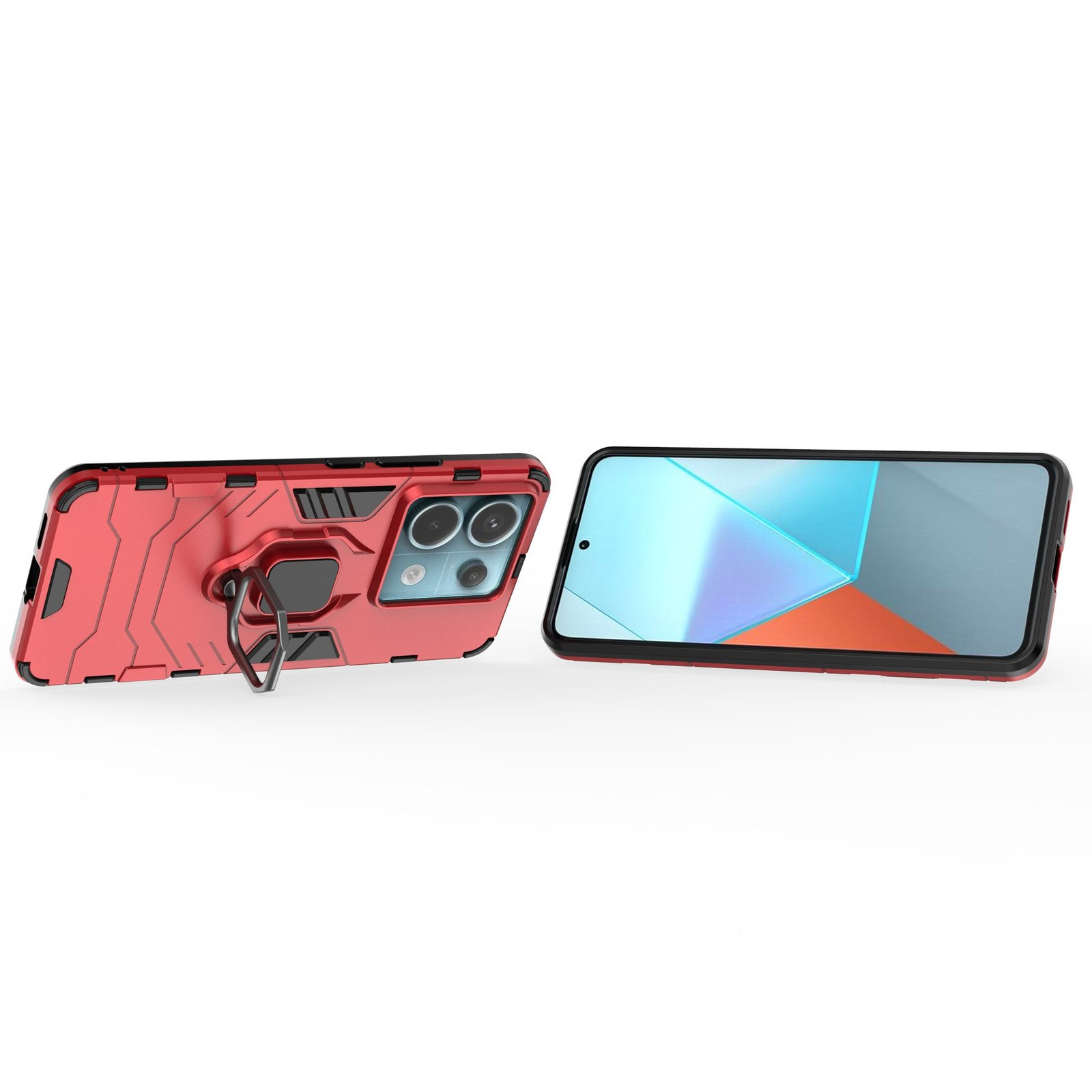 Funda roja para teléfono con soporte y teléfono con pantalla colorida. Fondo blanco.