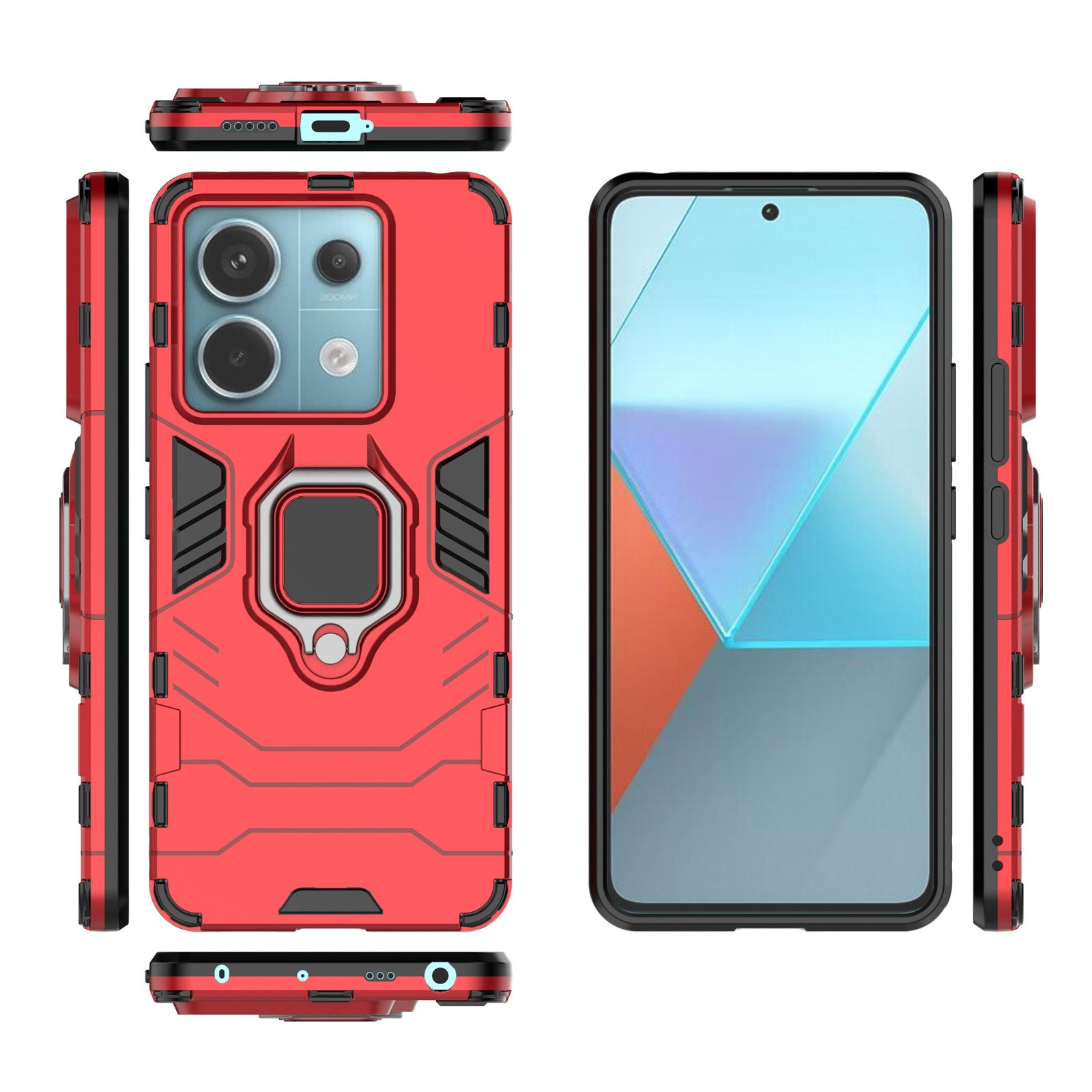 Funda roja para teléfono con múltiples vistas, soporte de anillo, varios ángulos, pantalla del teléfono visible.