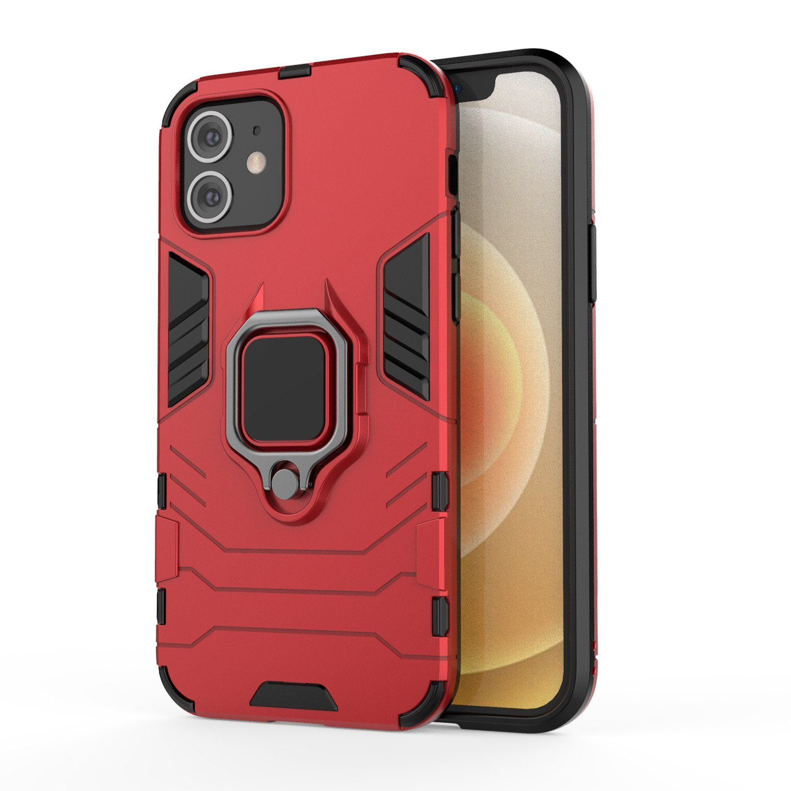Una funda roja para teléfono con soporte, el teléfono está a la derecha de la imagen.